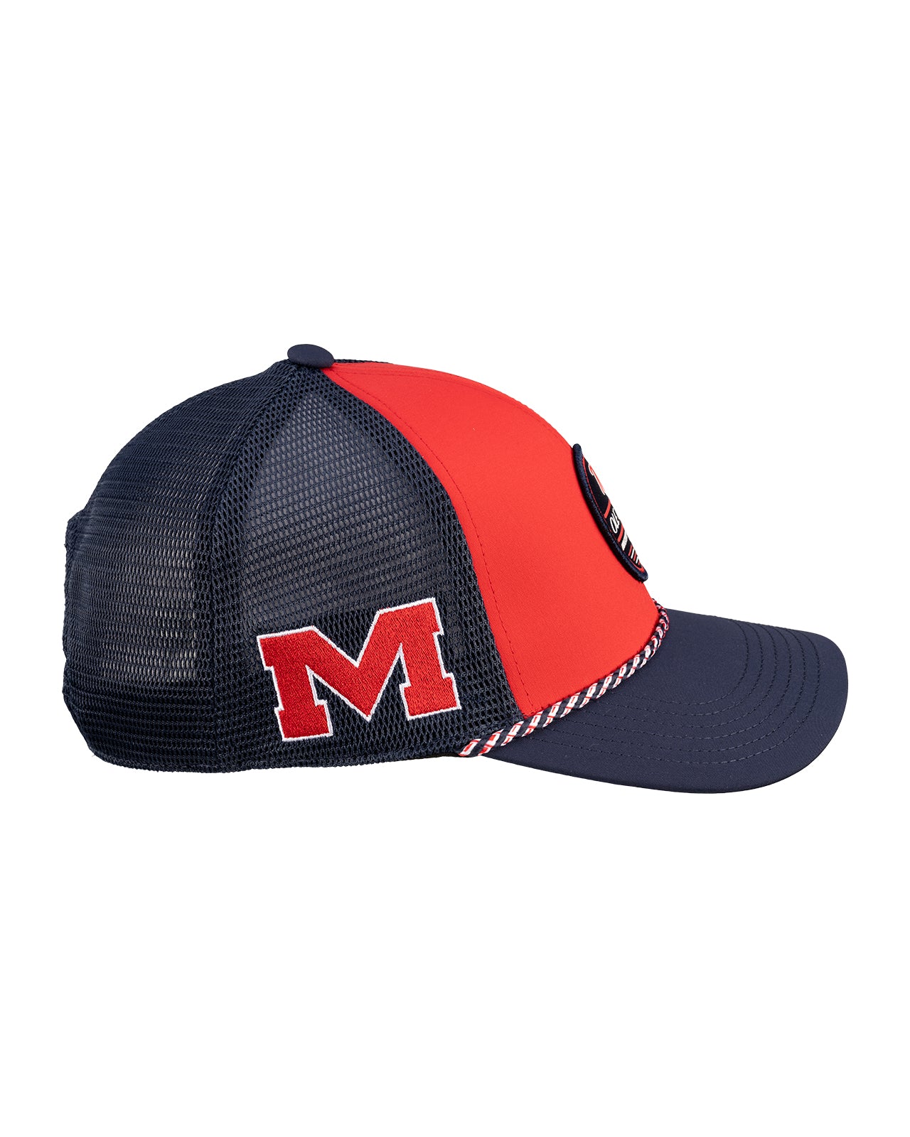 Red and navy two tone rope hat from Black Clover featuring Old Miss logo