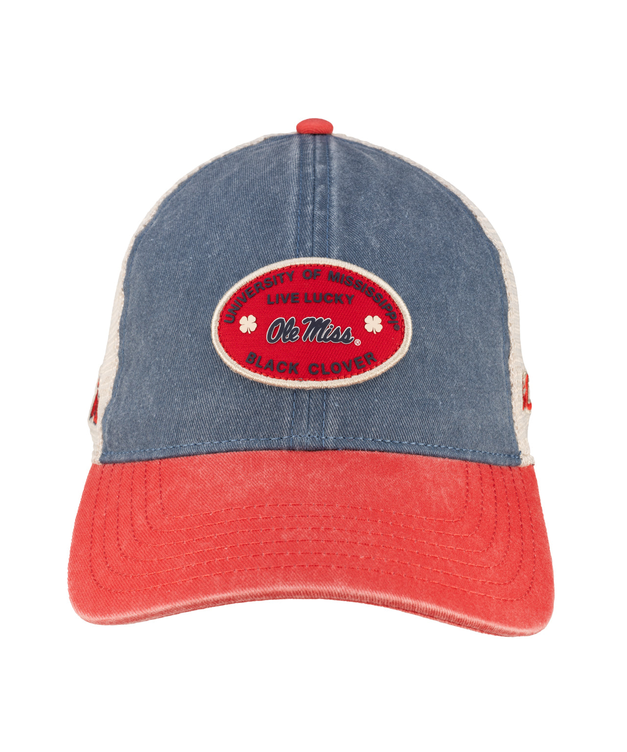 Blue and red two tone vintage style hat from Black Clover featuring Ole Miss logo