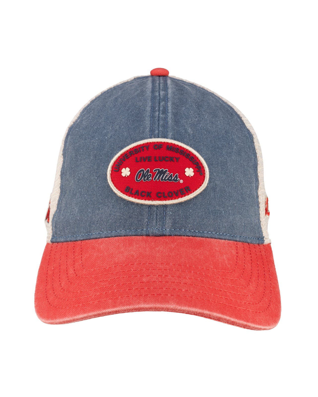 Blue and red two tone vintage style hat from Black Clover featuring Ole Miss logo