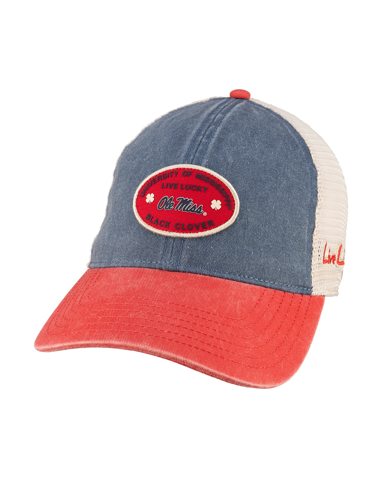 Blue and red two tone vintage style hat from Black Clover featuring Ole Miss logo