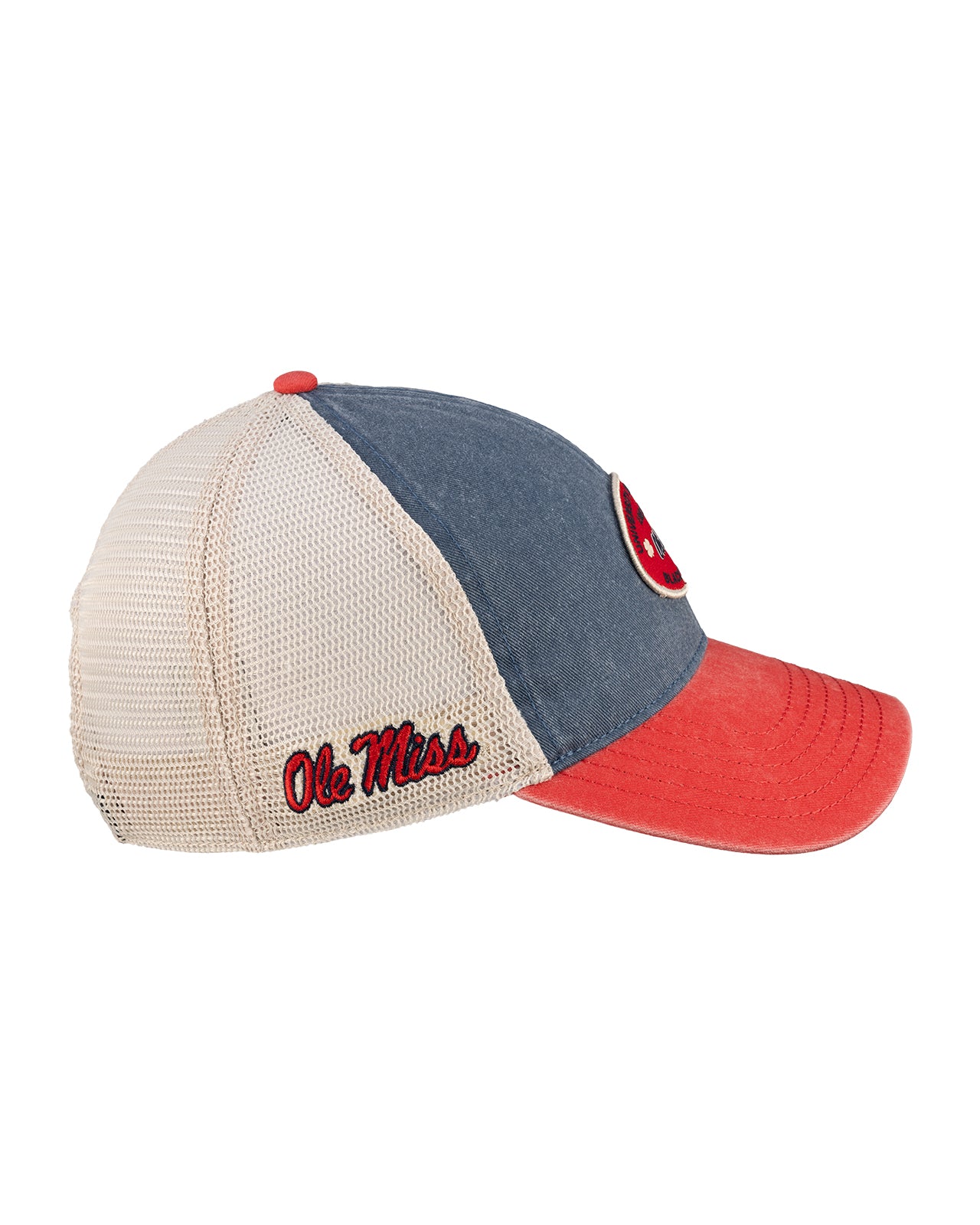 Blue and red two tone vintage style hat from Black Clover featuring Ole Miss logo