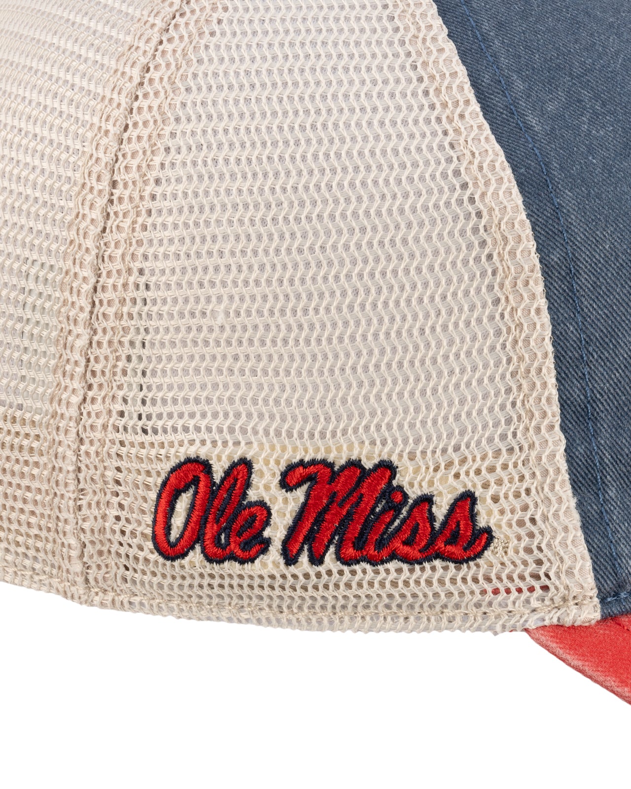 Blue and red two tone vintage style hat from Black Clover featuring Ole Miss logo