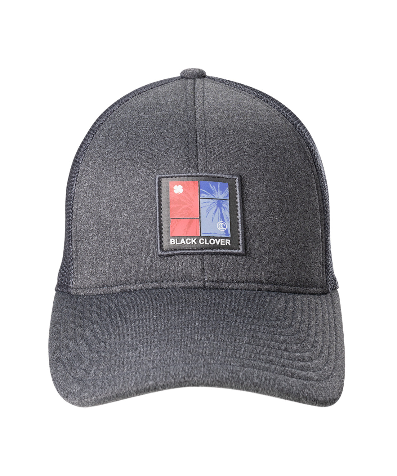 grey hat with patch depicting palm trees on colored backgrounds