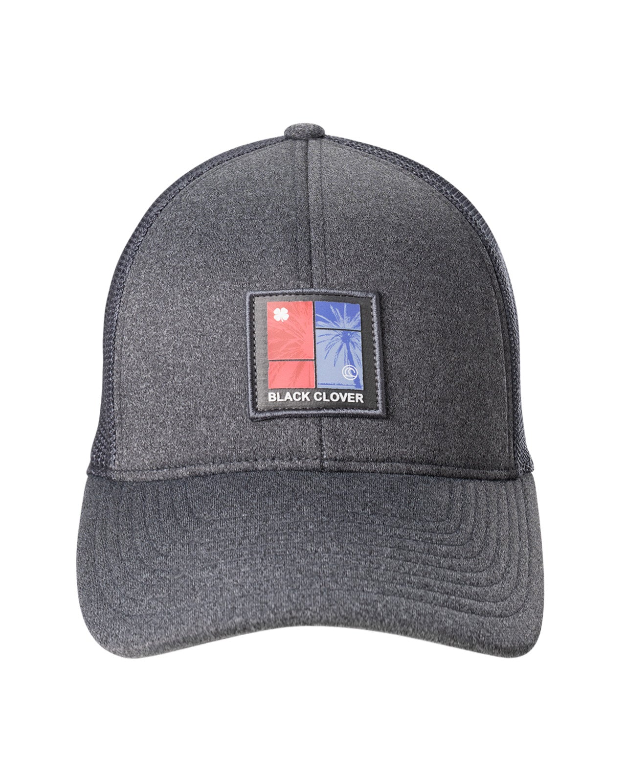 grey hat with patch depicting palm trees on colored backgrounds