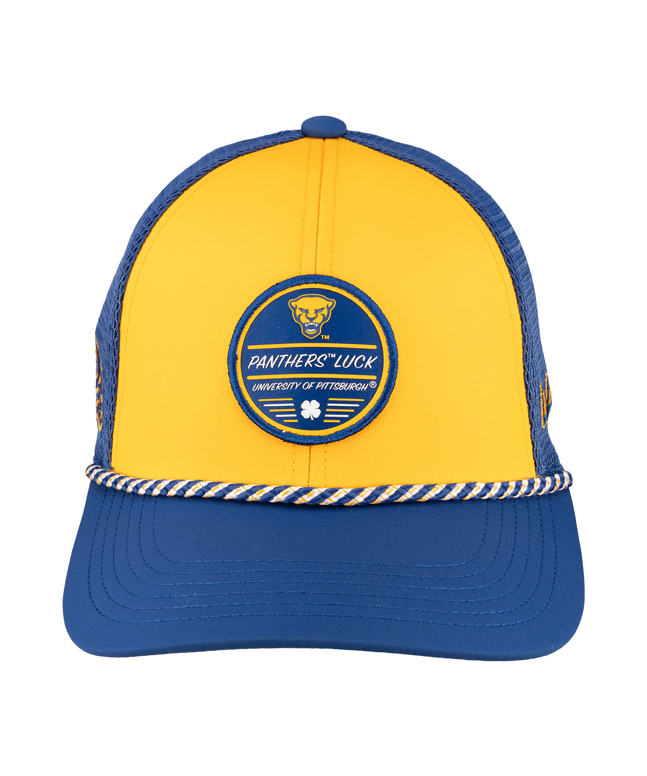 Blue and yellow two tone rope hat from Black Clover featuring Pittsburgh Panthers logo