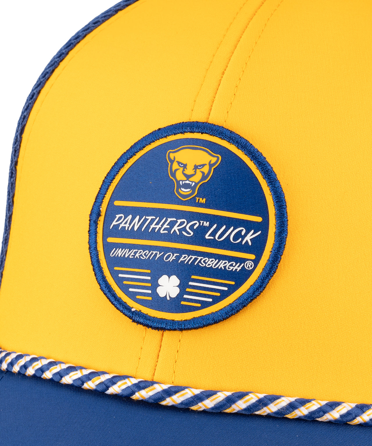 Blue and yellow two tone rope hat from Black Clover featuring Pittsburgh Panthers logo