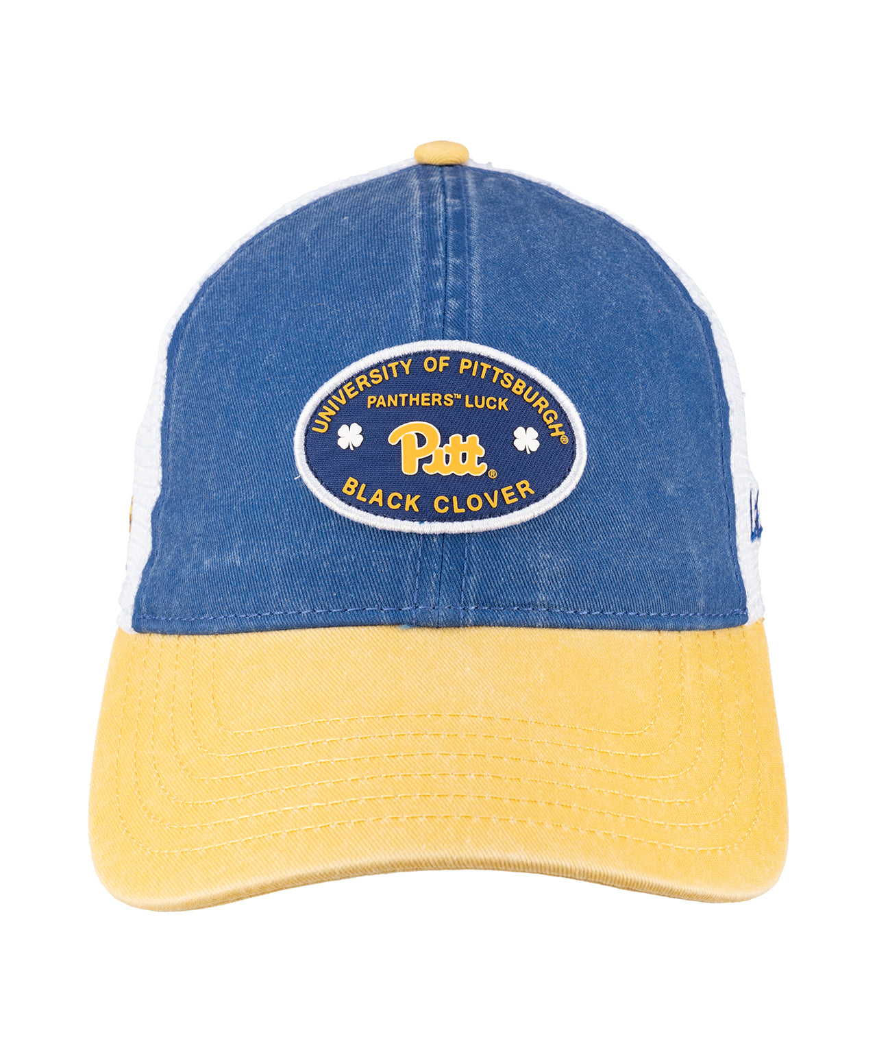 Blue and yellow two tone vintage style hat from Black Clover featuring Pittsburgh Panthers logo