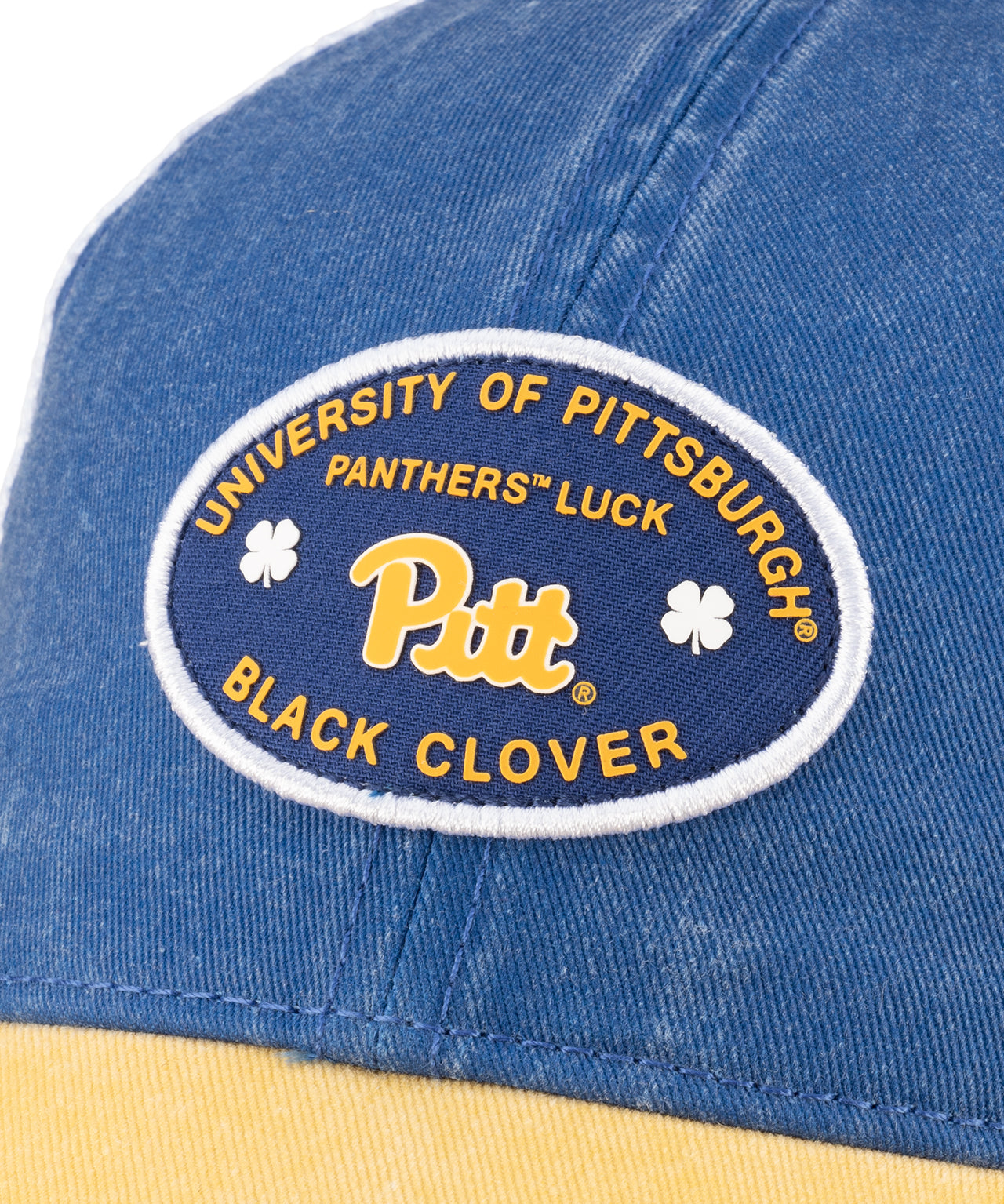 Blue and yellow two tone vintage style hat from Black Clover featuring Pittsburgh Panthers logo