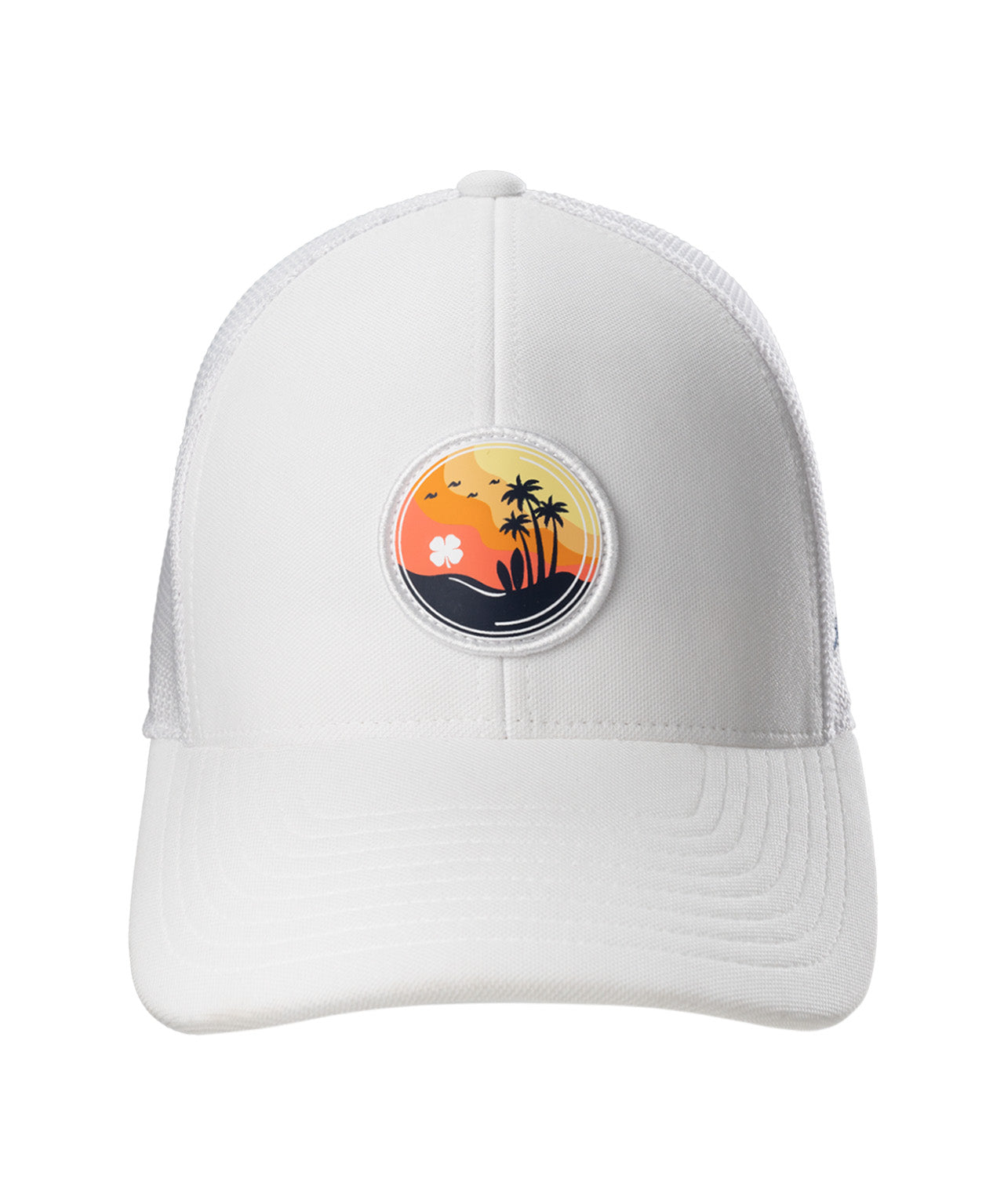 white hat with Black Clover patch depicting palm trees and surf boards on beach