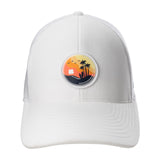 white hat with Black Clover patch depicting palm trees and surf boards on beach