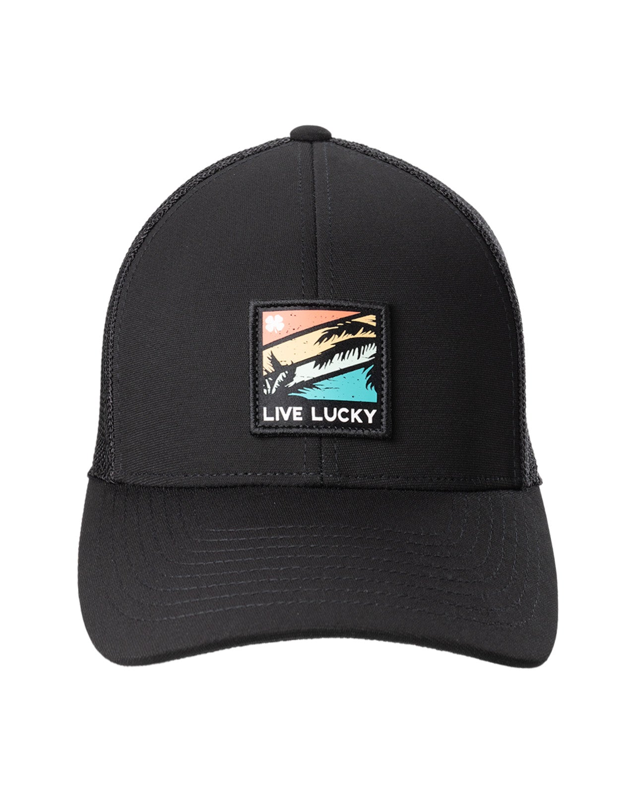 black hat with patch depicting palm leaves on retro colored background