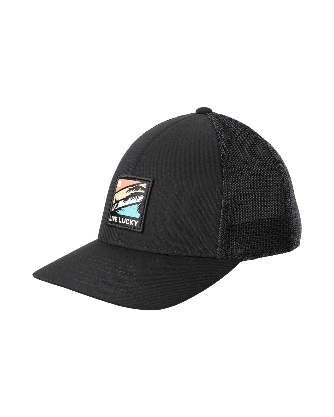 black hat with patch depicting palm leaves on retro colored background