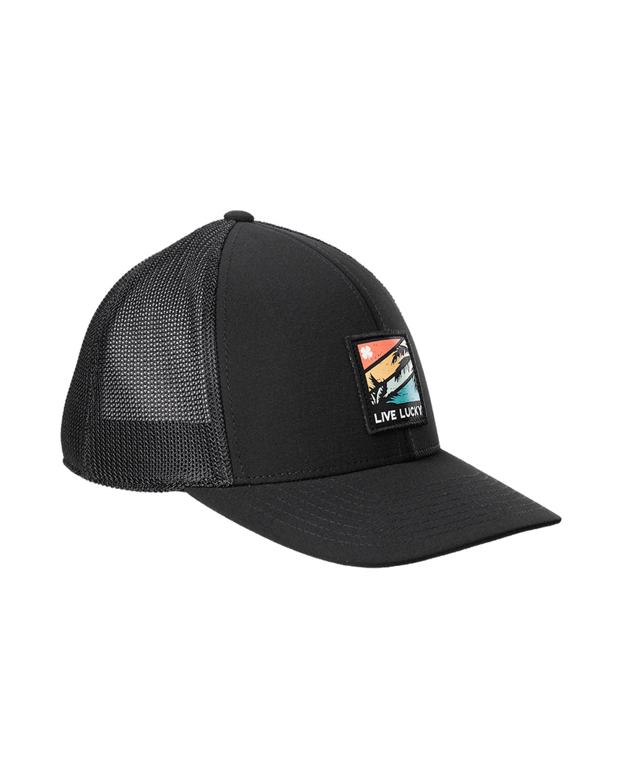 black hat with patch depicting palm leaves on retro colored background