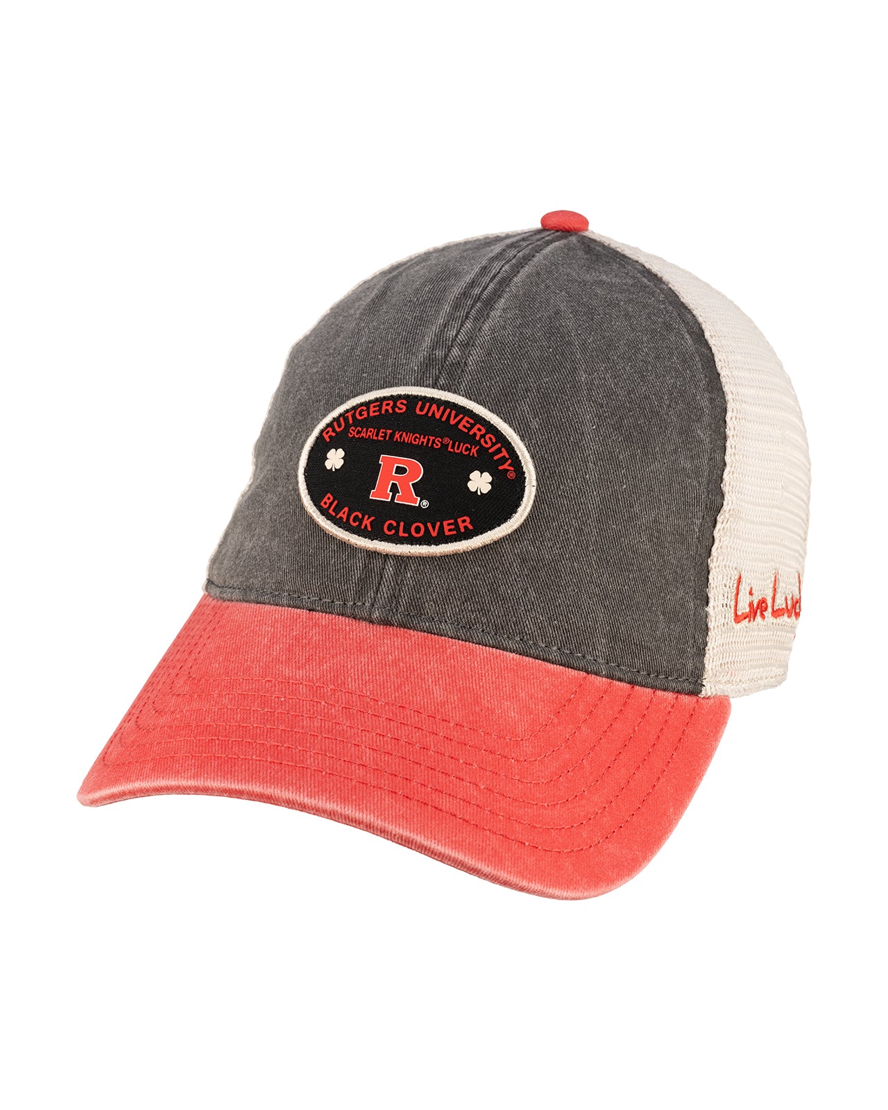 Red and black two tone vintage style hat from Black Clover featuring Rutgers Scarlet Knights Logo