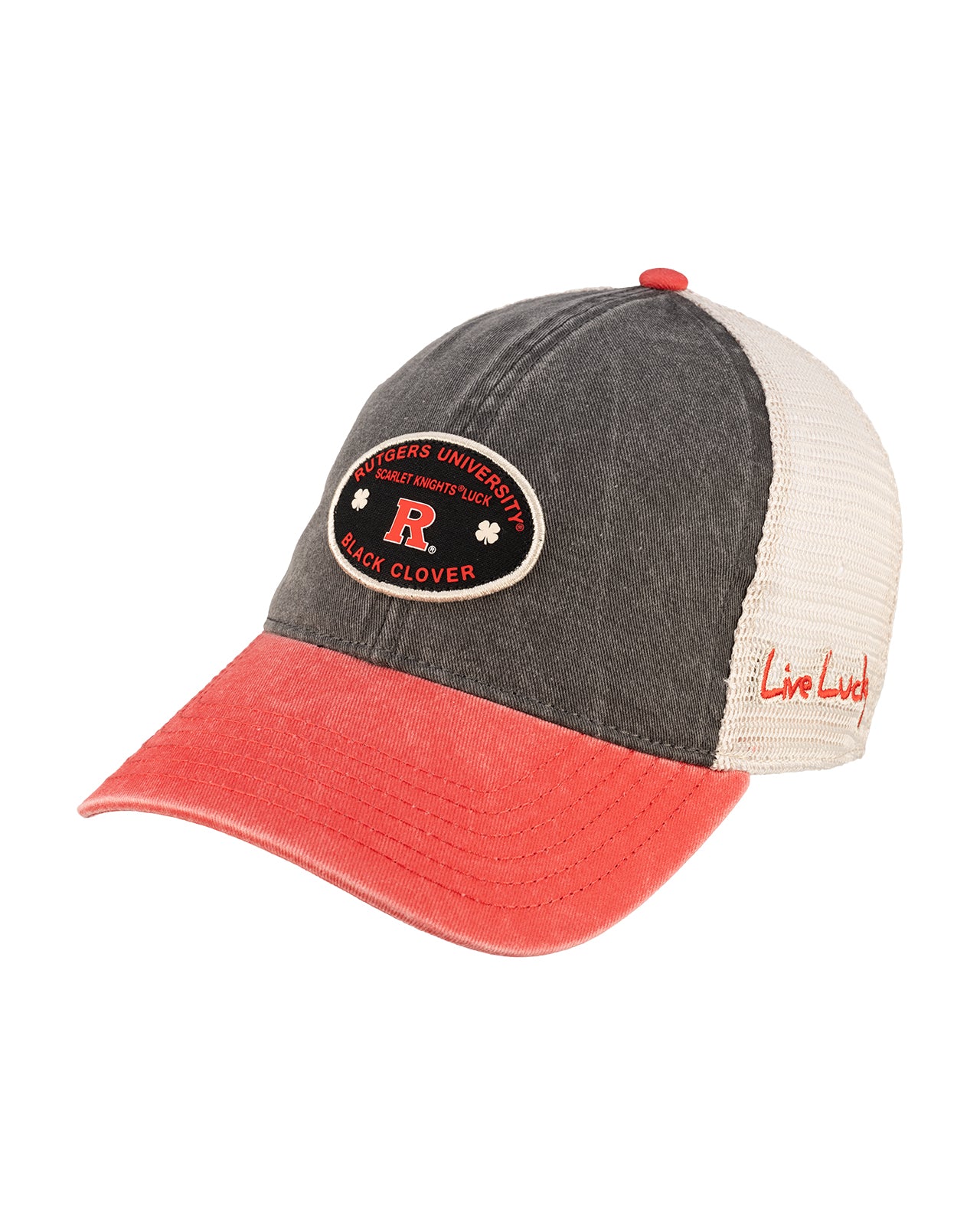 Red and black two tone vintage style hat from Black Clover featuring Rutgers Scarlet Knights Logo