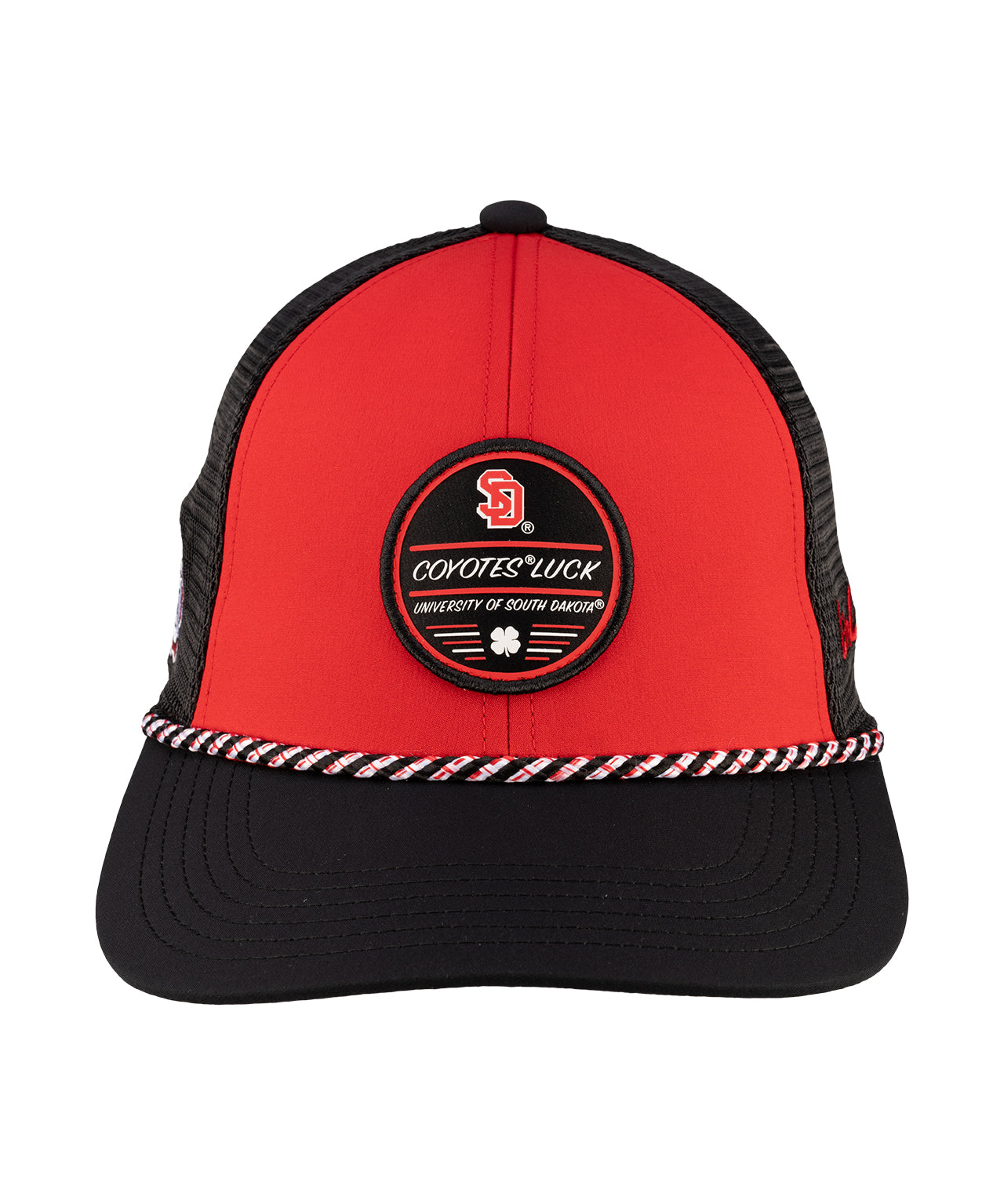 Red and black two tone rope hat from Black Clover featuring South Dakota Coyotes logo