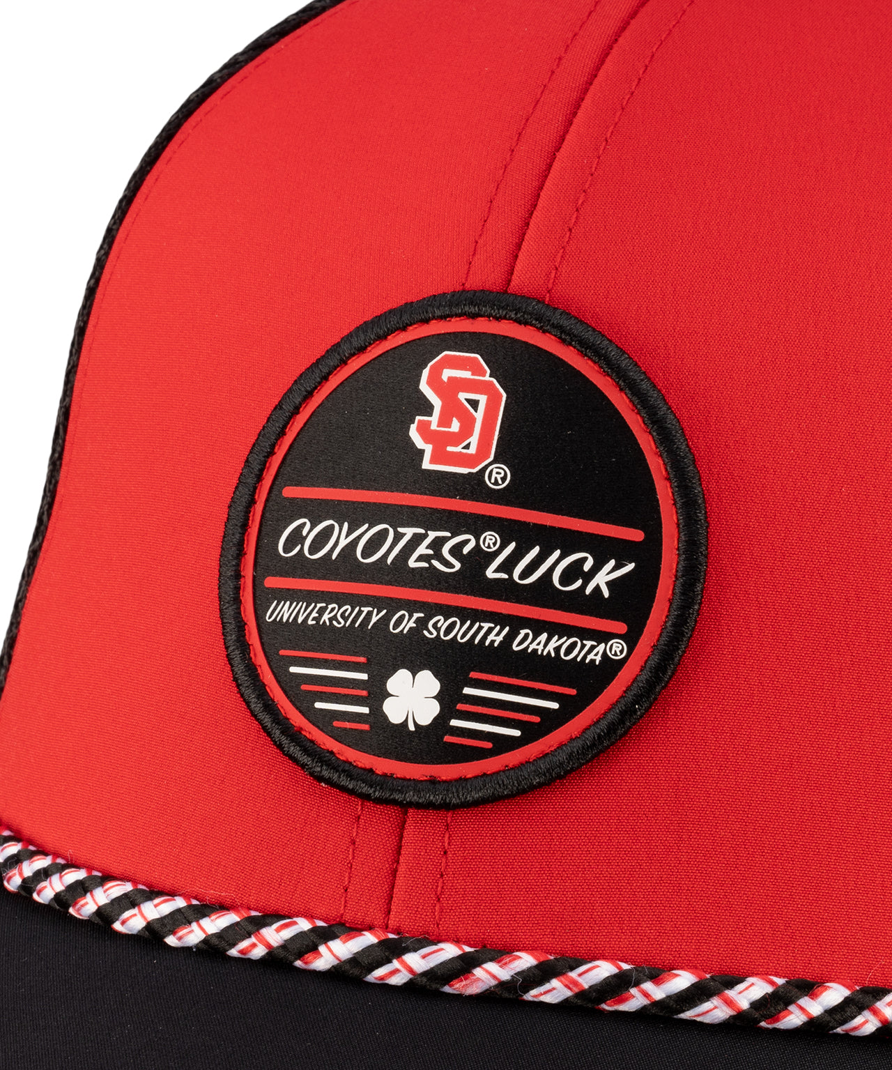 Red and black two tone rope hat from Black Clover featuring South Dakota Coyotes logo