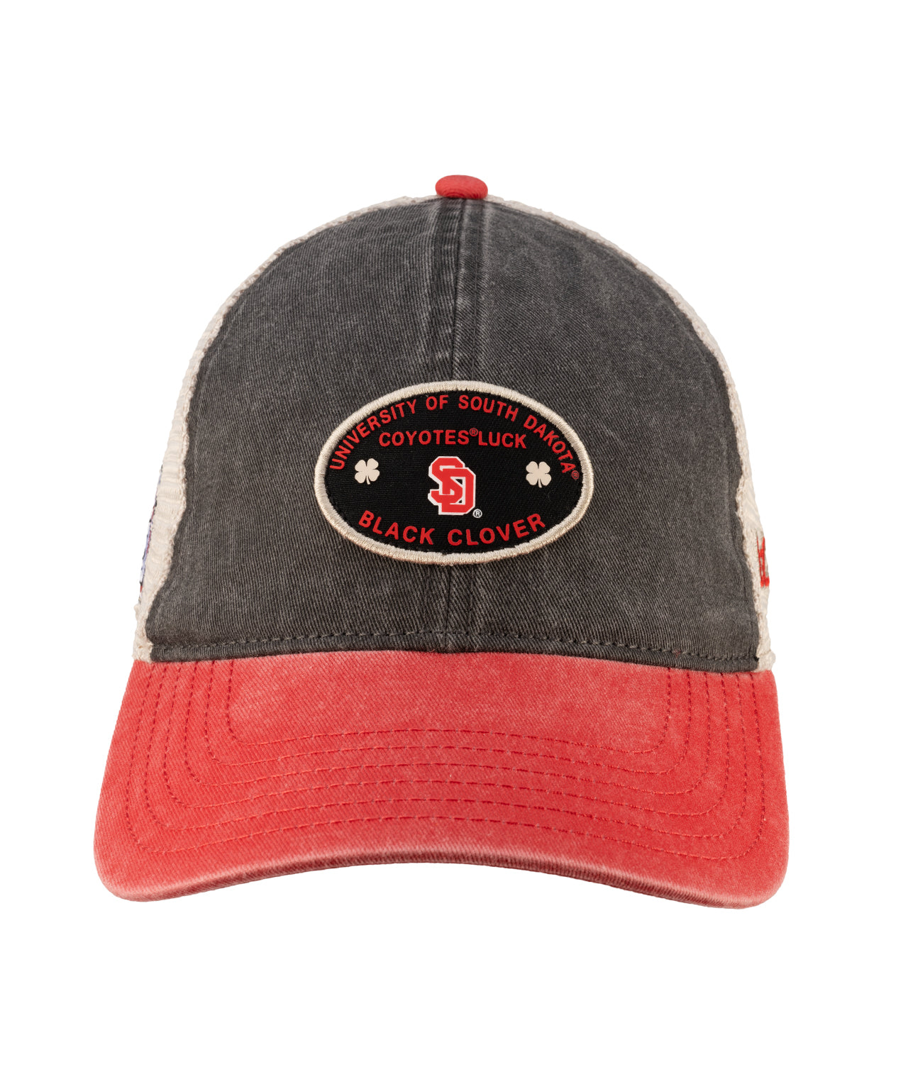 Red and black two tone vintage style hat from Black Clover featuring South Dakota Coyotes logo