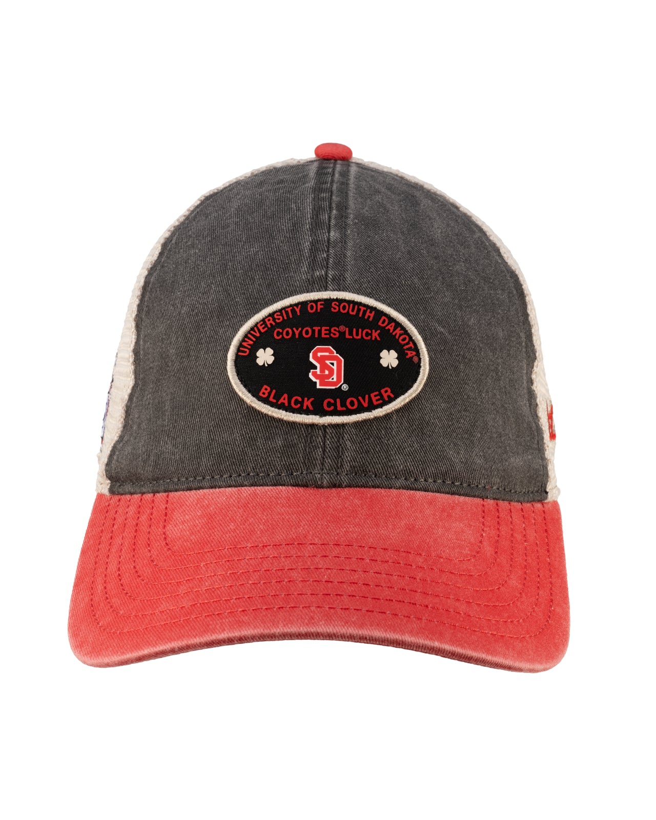 Red and black two tone vintage style hat from Black Clover featuring South Dakota Coyotes logo