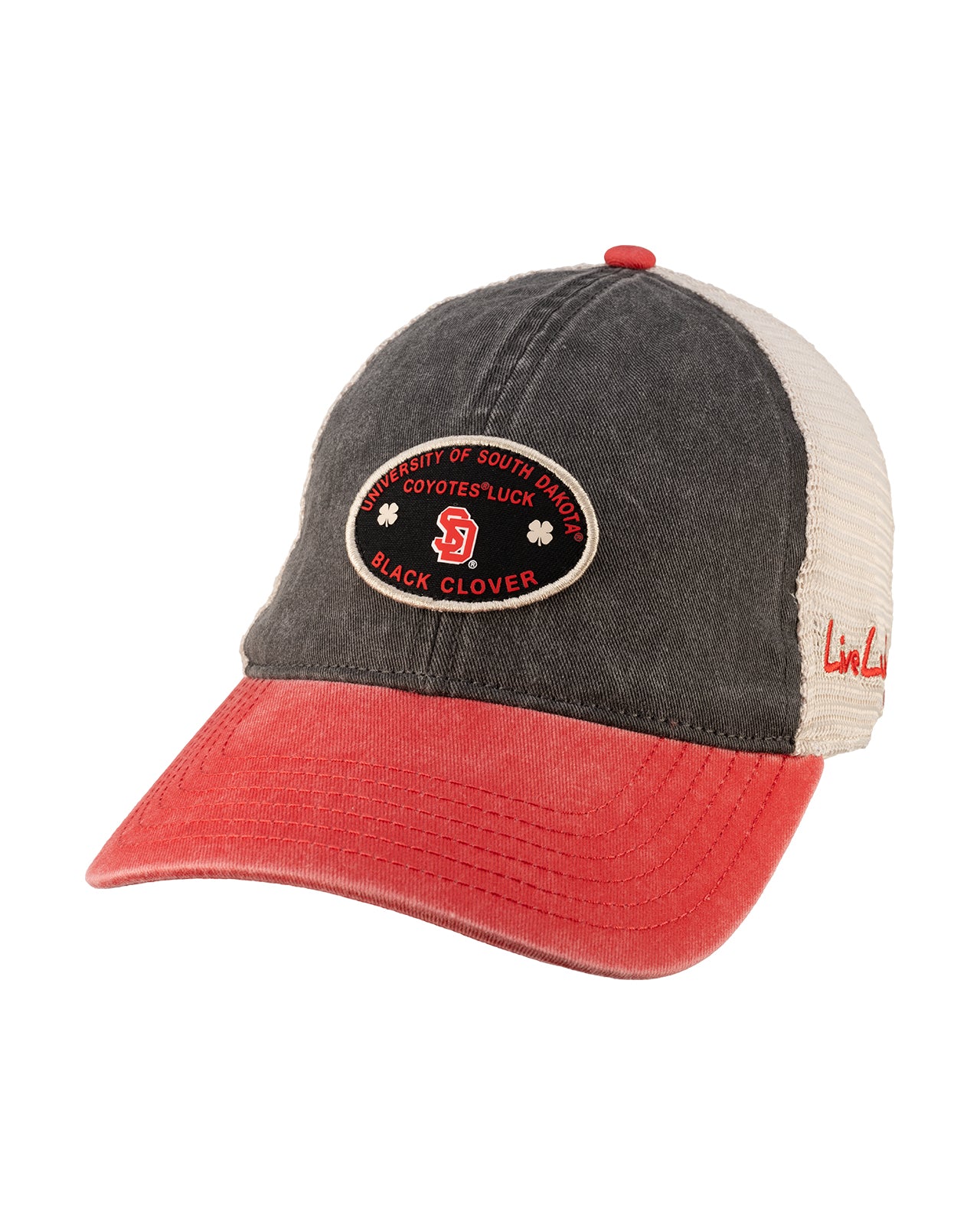 Red and black two tone vintage style hat from Black Clover featuring South Dakota Coyotes logo