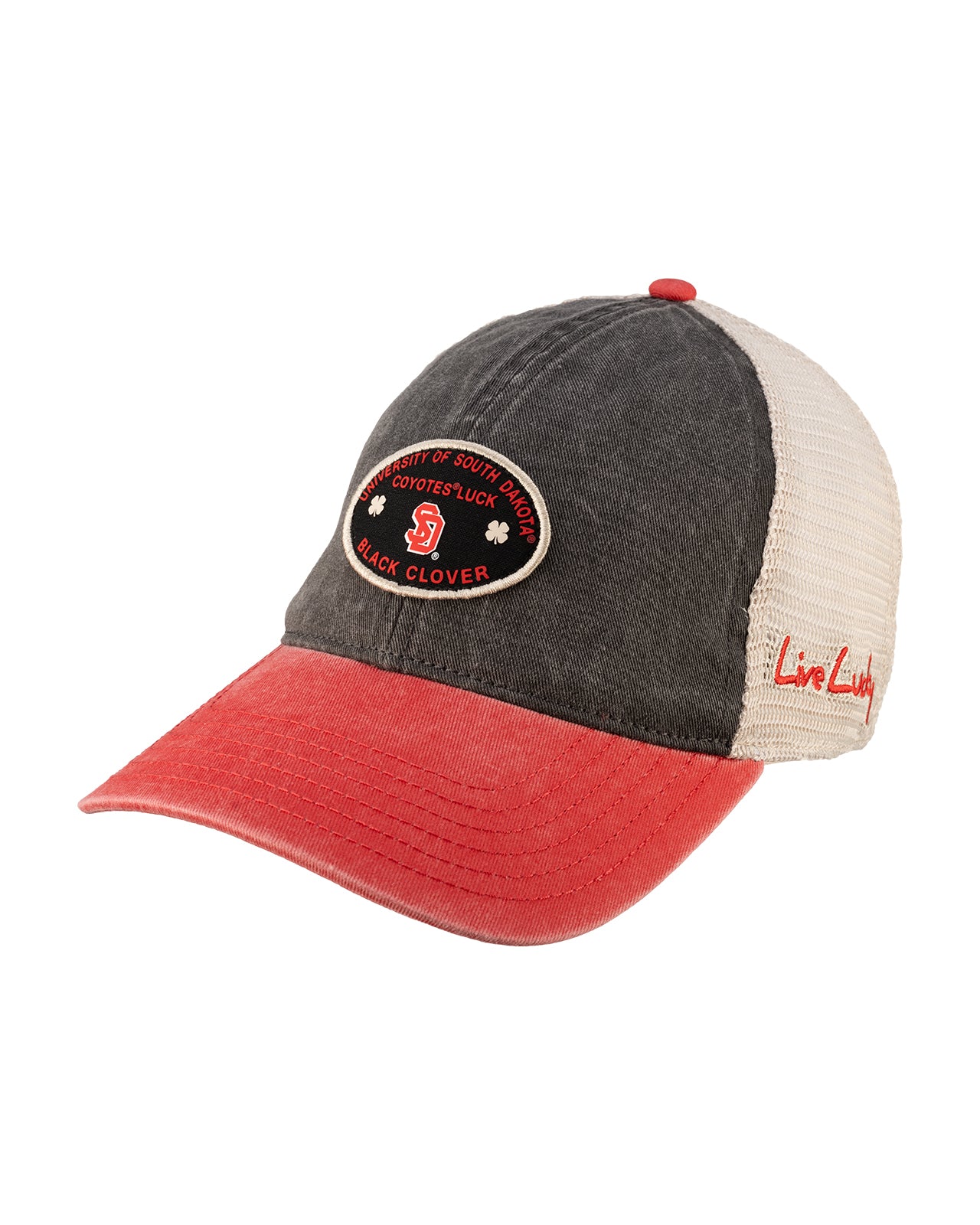 Red and black two tone vintage style hat from Black Clover featuring South Dakota Coyotes logo