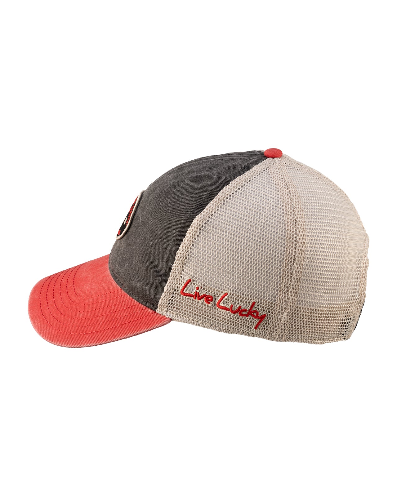 Red and black two tone vintage style hat from Black Clover featuring South Dakota Coyotes logo