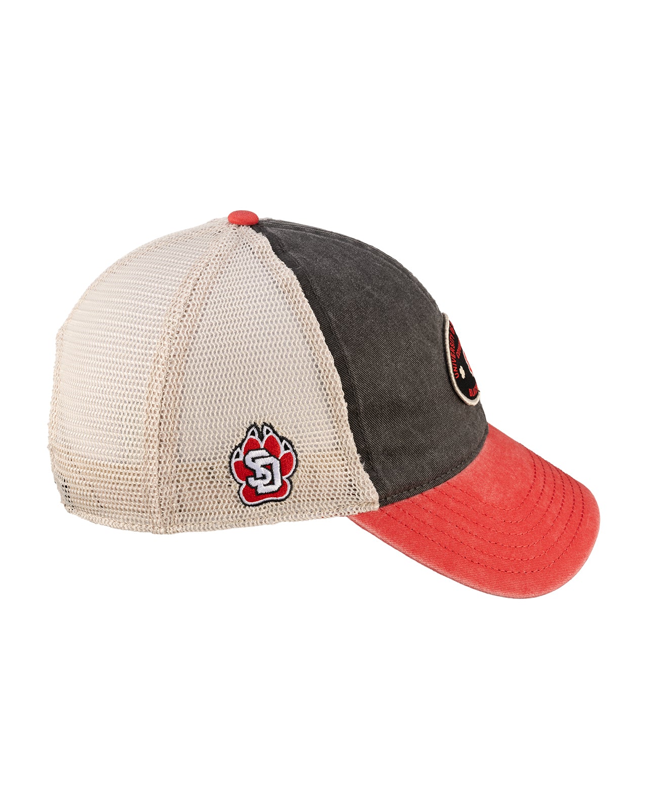 Red and black two tone vintage style hat from Black Clover featuring South Dakota Coyotes logo