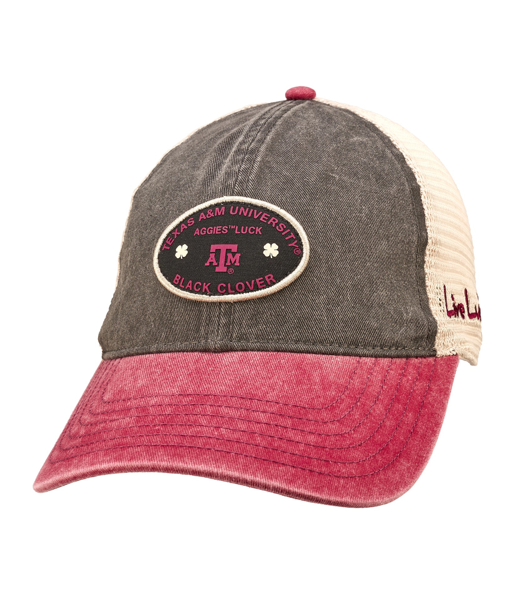 Red, grey, and white two tone vintage style hat from Black Clover featuring Texas A&M Aggies logo