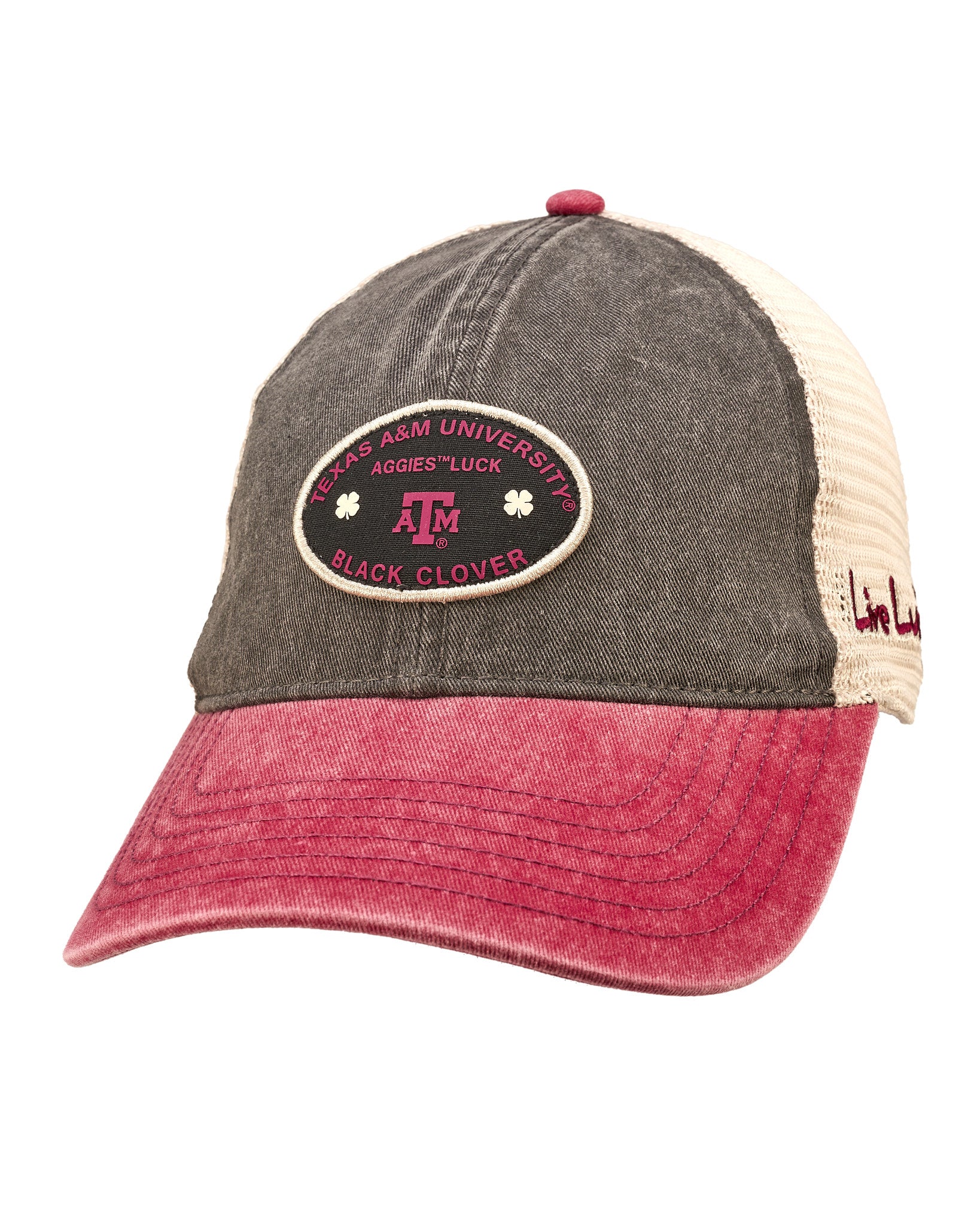 Red, grey, and white two tone vintage style hat from Black Clover featuring Texas A&M Aggies logo