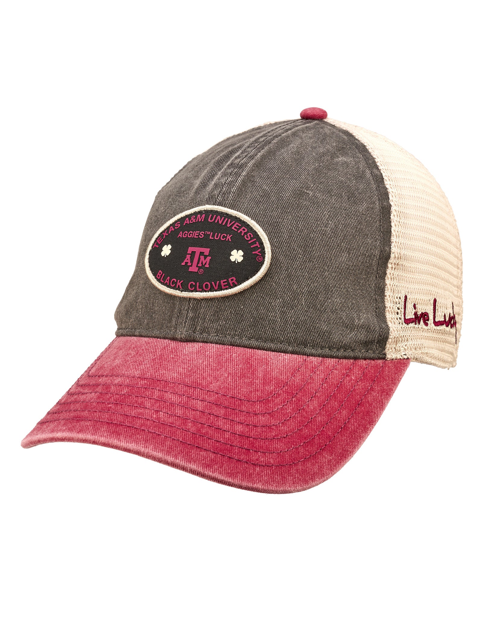 Red, grey, and white two tone vintage style hat from Black Clover featuring Texas A&M Aggies logo