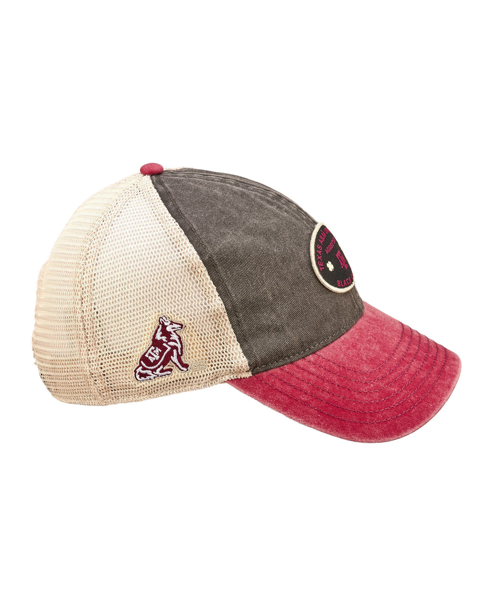 Red, grey, and white two tone vintage style hat from Black Clover featuring Texas A&M Aggies logo