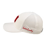 White perforated hat from Black Clover featuring Texas Tech Red Raiders logo