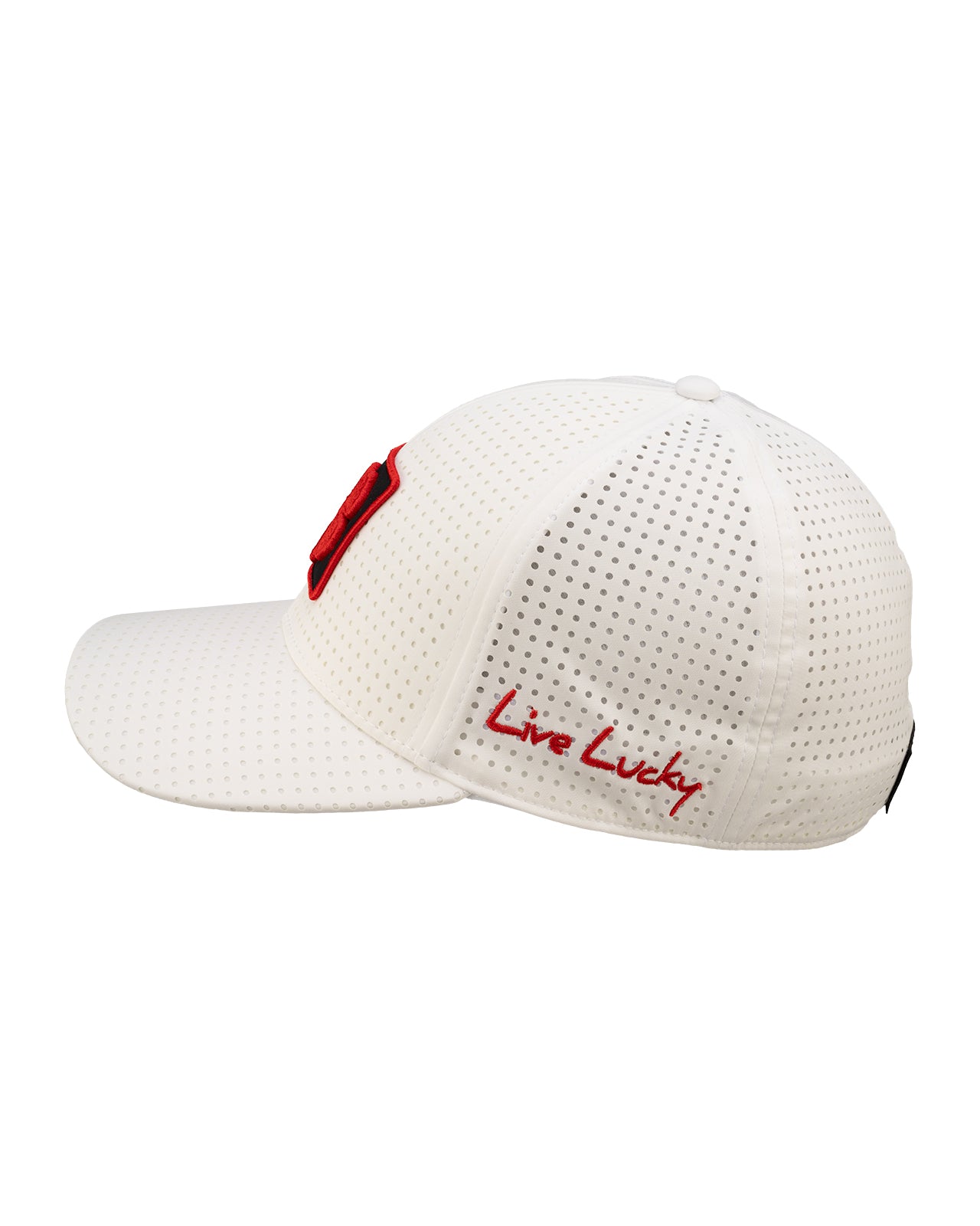 White perforated hat from Black Clover featuring Texas Tech Red Raiders logo