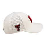 White perforated hat from Black Clover featuring Texas Tech Red Raiders logo