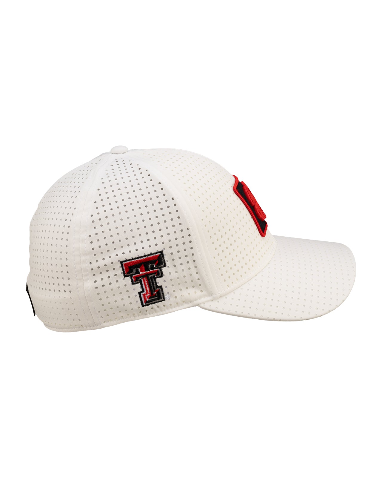 White perforated hat from Black Clover featuring Texas Tech Red Raiders logo