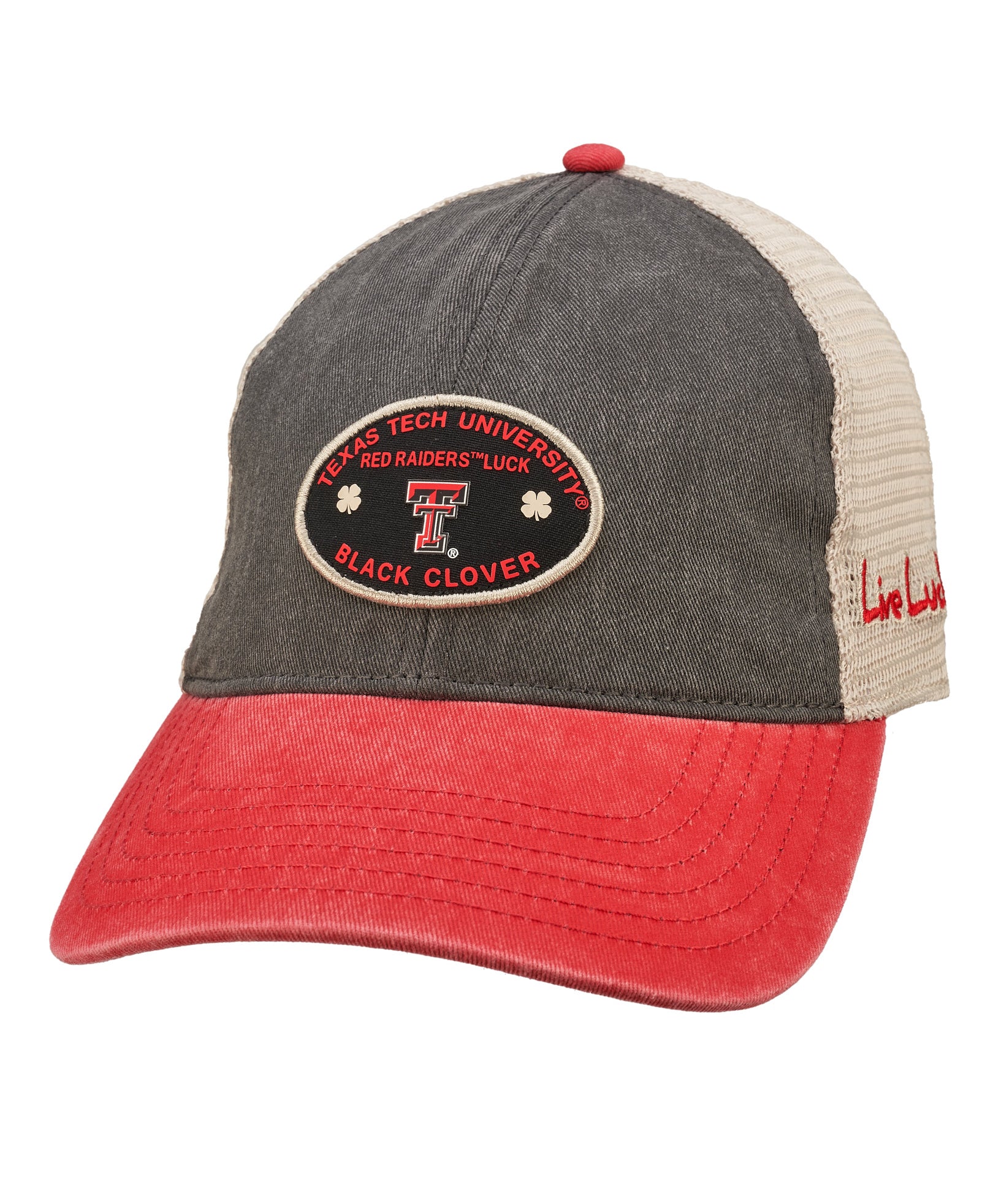 Red, grey, and white two tone vintage style hat from Black Clover featuring Texas Tech Red Raiders logo