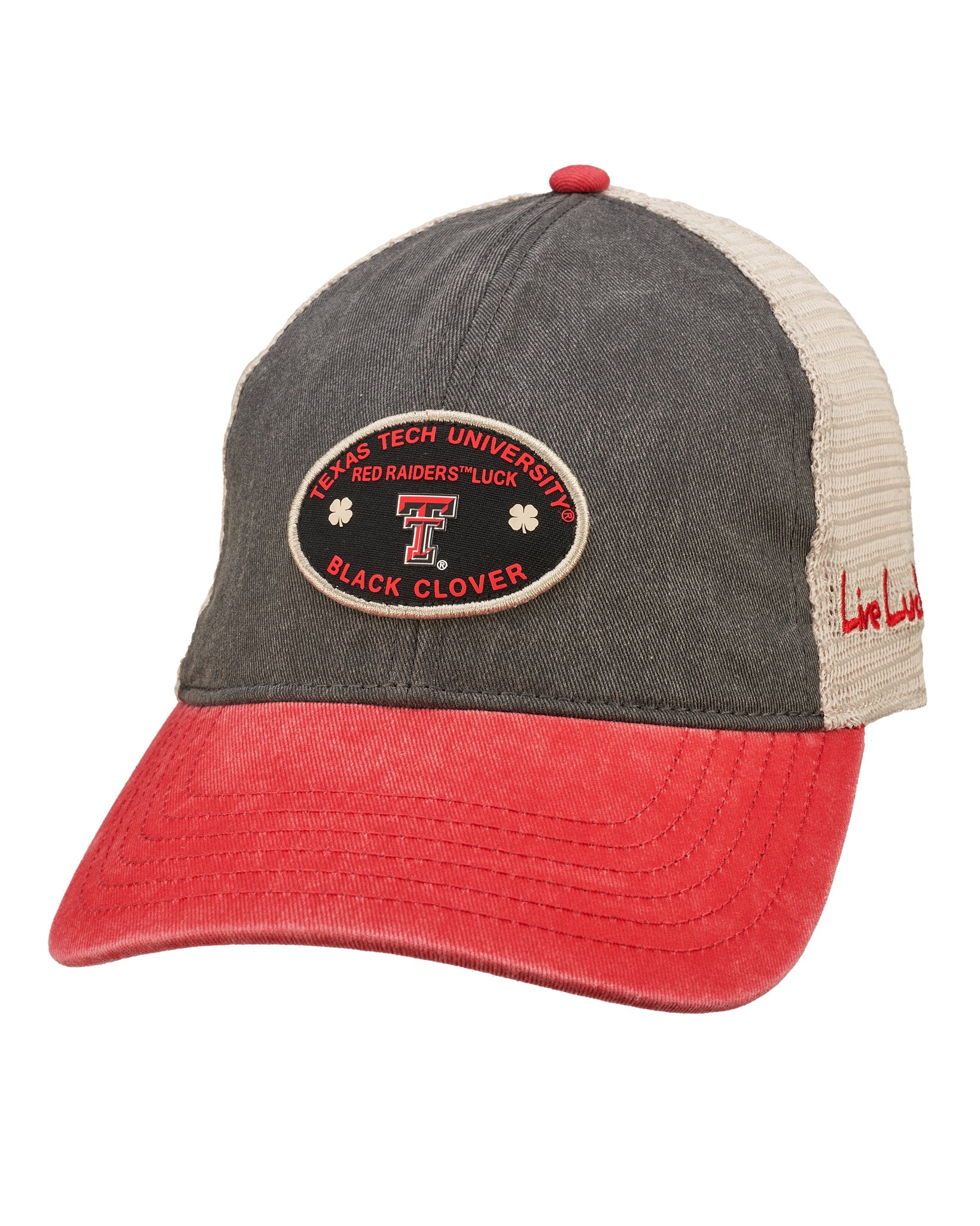 Red, grey, and white two tone vintage style hat from Black Clover featuring Texas Tech Red Raiders logo