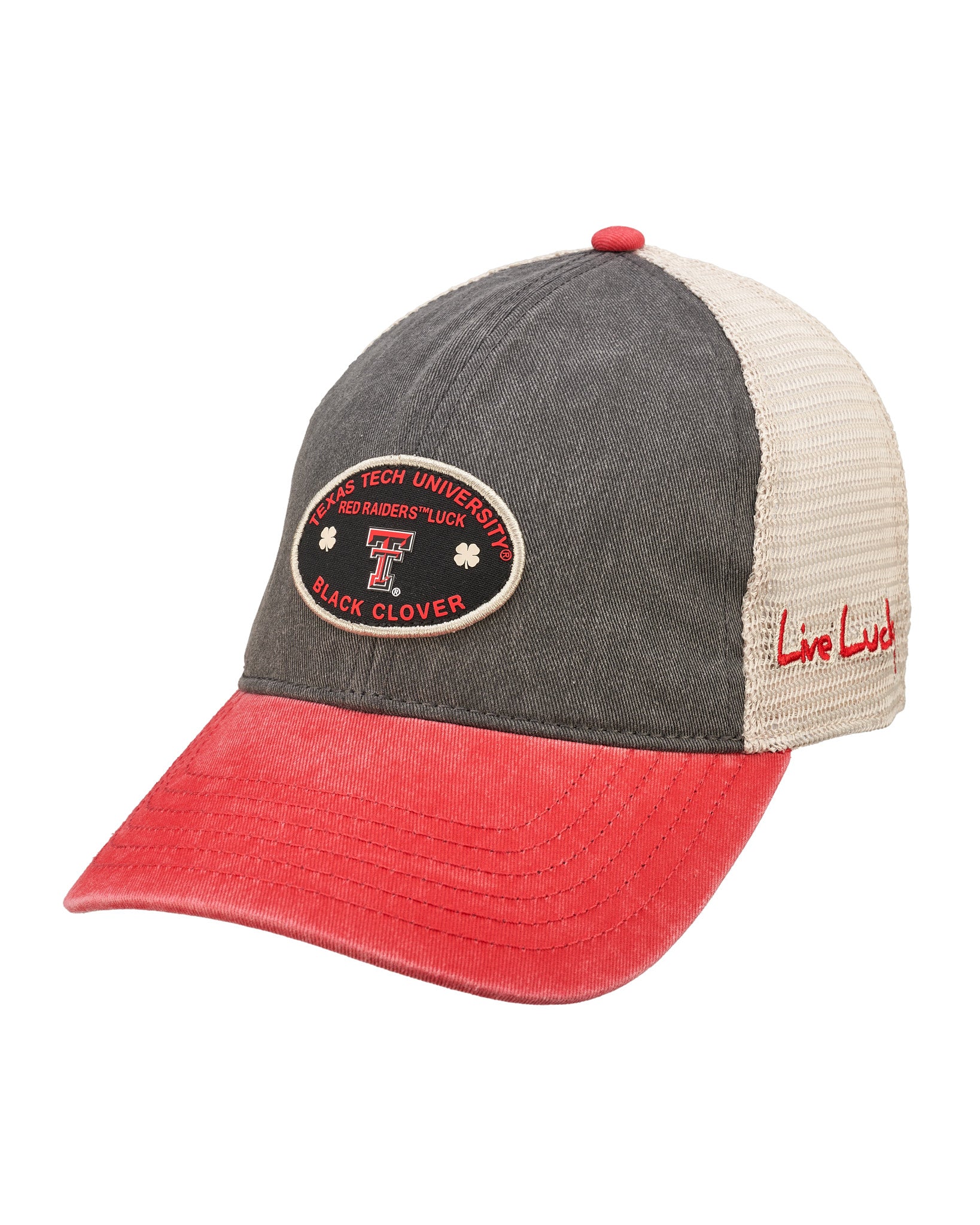 Red, grey, and white two tone vintage style hat from Black Clover featuring Texas Tech Red Raiders logo