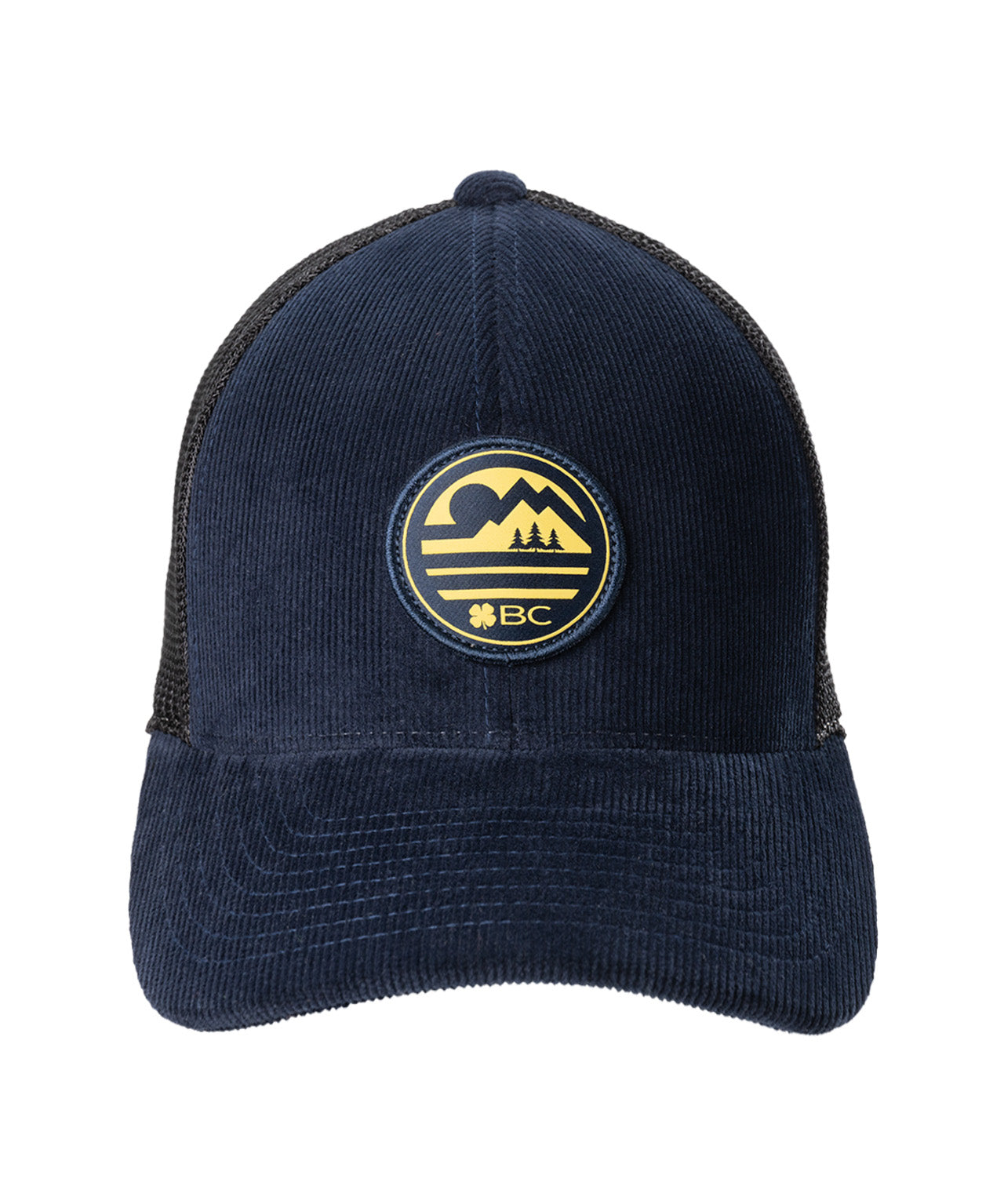 blue corduroy hat with a patch depicting a mountain ridgeline