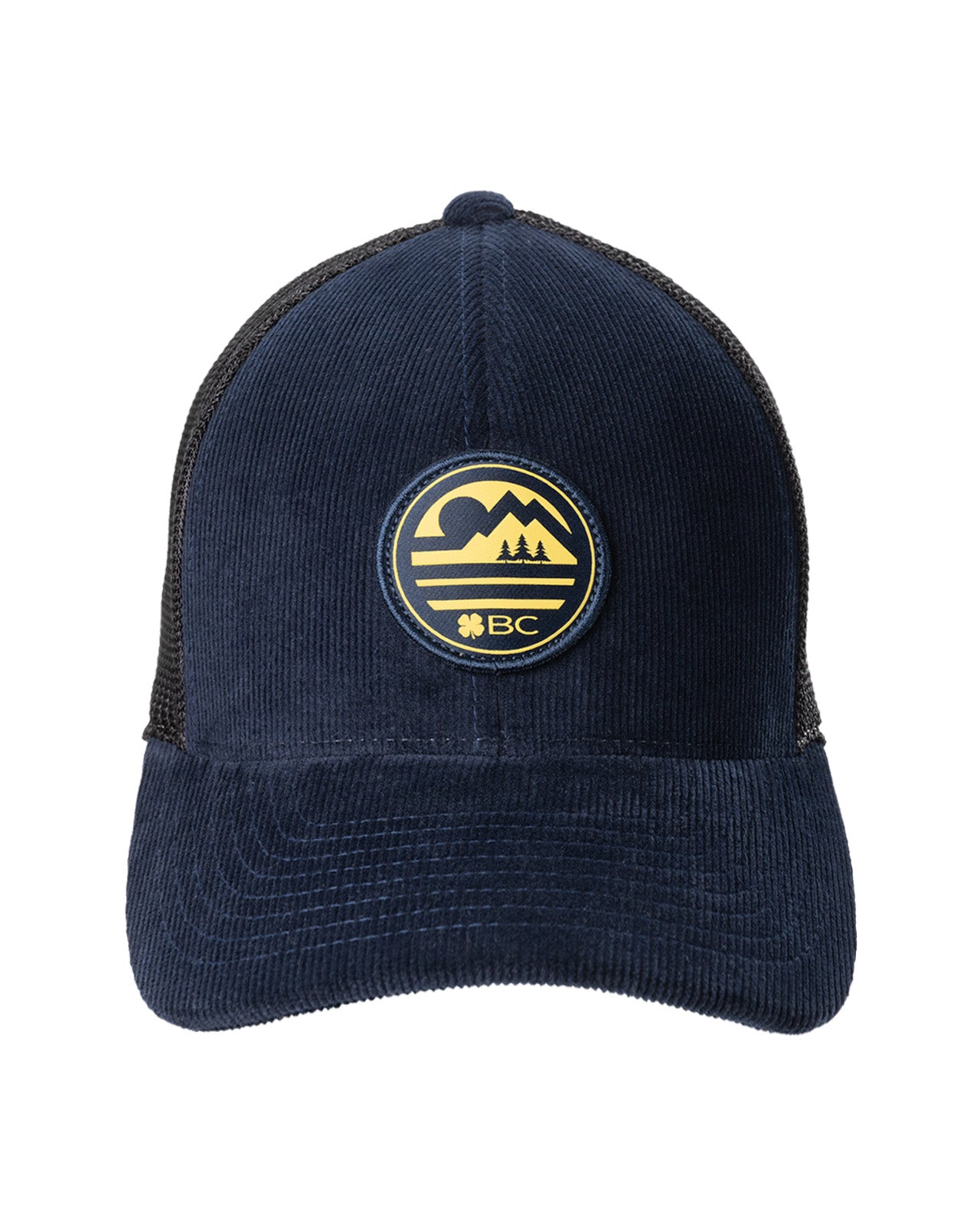 blue corduroy hat with a patch depicting a mountain ridgeline