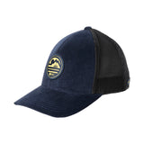 blue corduroy hat with a patch depicting a mountain ridgeline