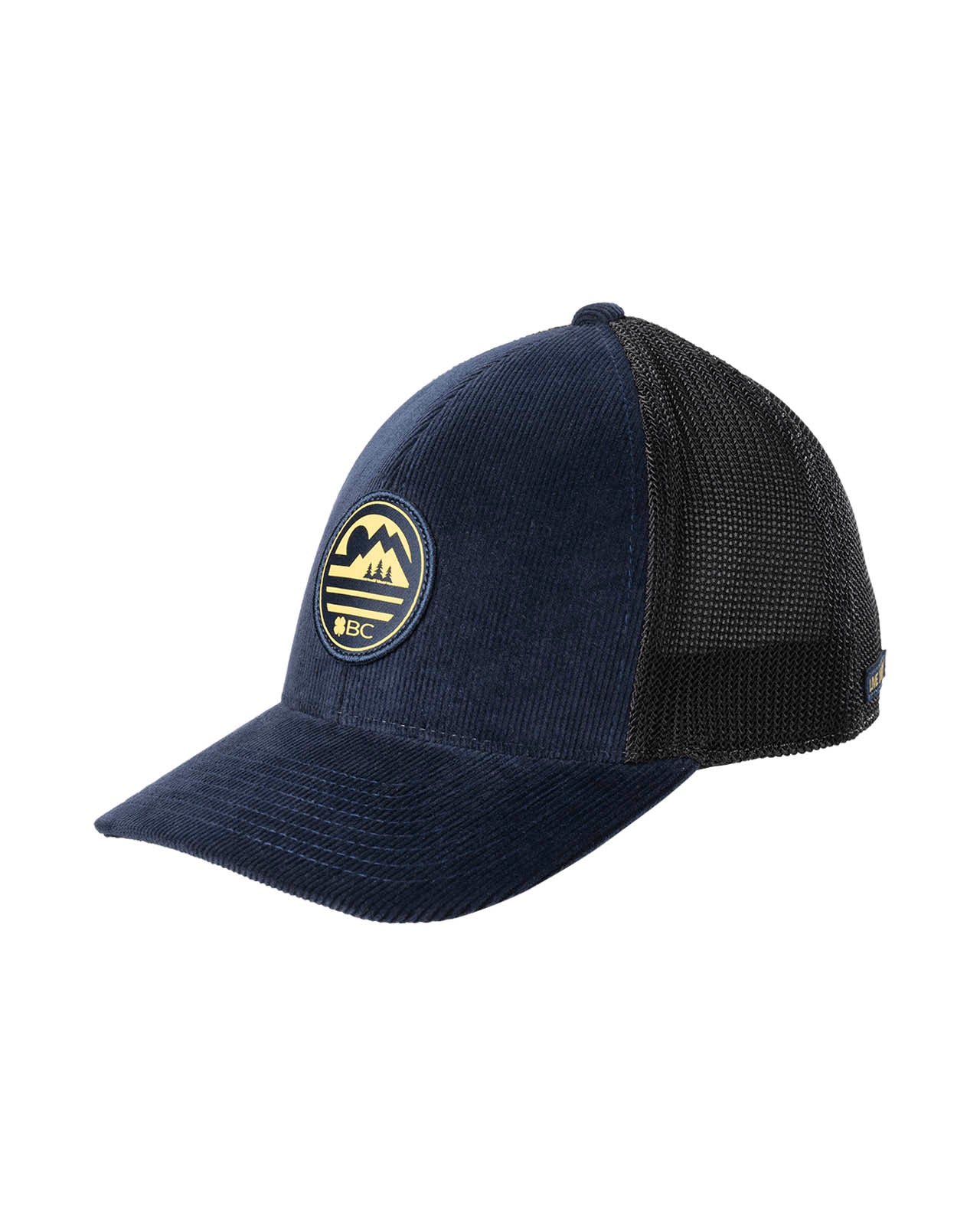 blue corduroy hat with a patch depicting a mountain ridgeline