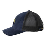 blue corduroy hat with a patch depicting a mountain ridgeline