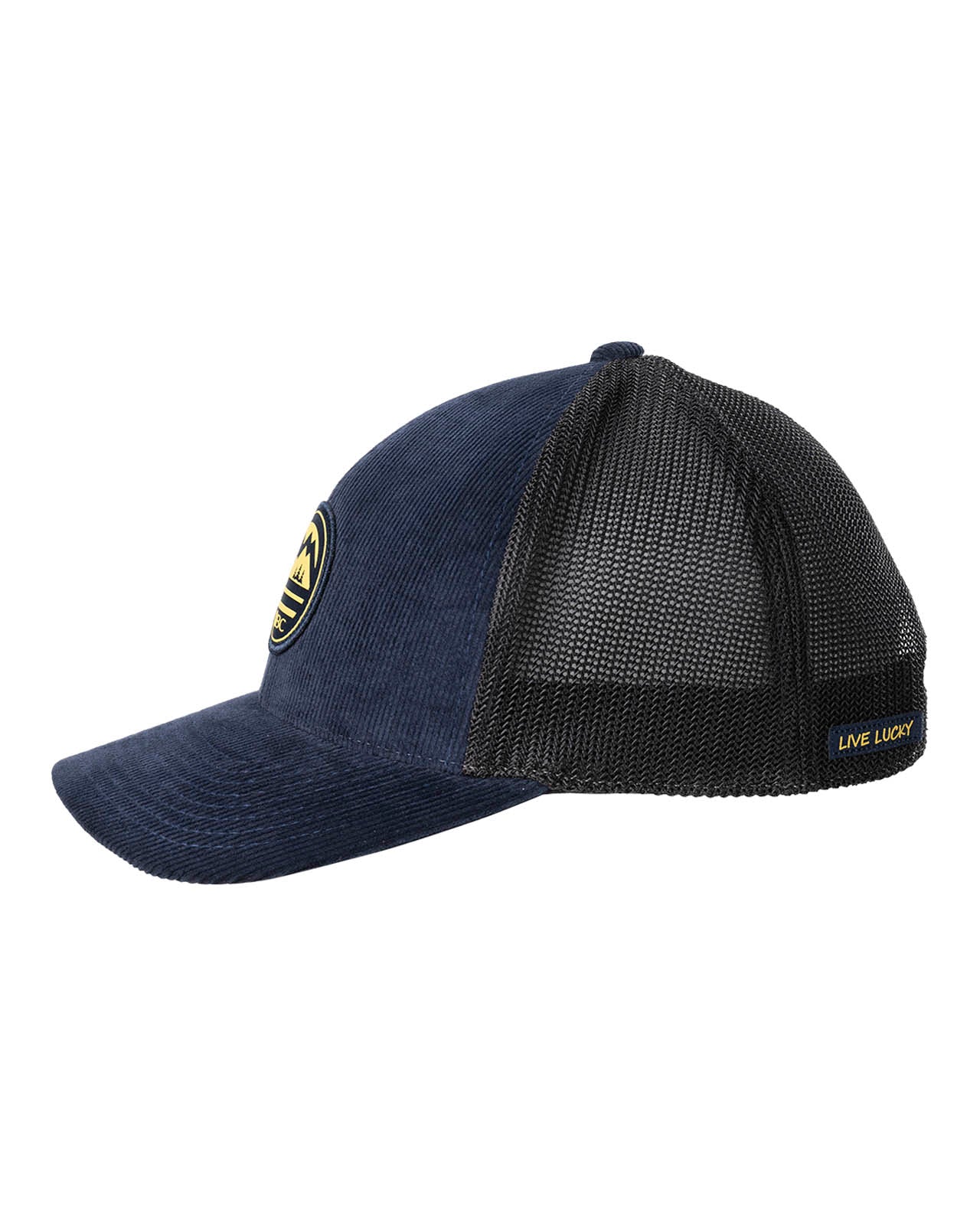 blue corduroy hat with a patch depicting a mountain ridgeline