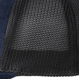 blue corduroy hat with a patch depicting a mountain ridgeline