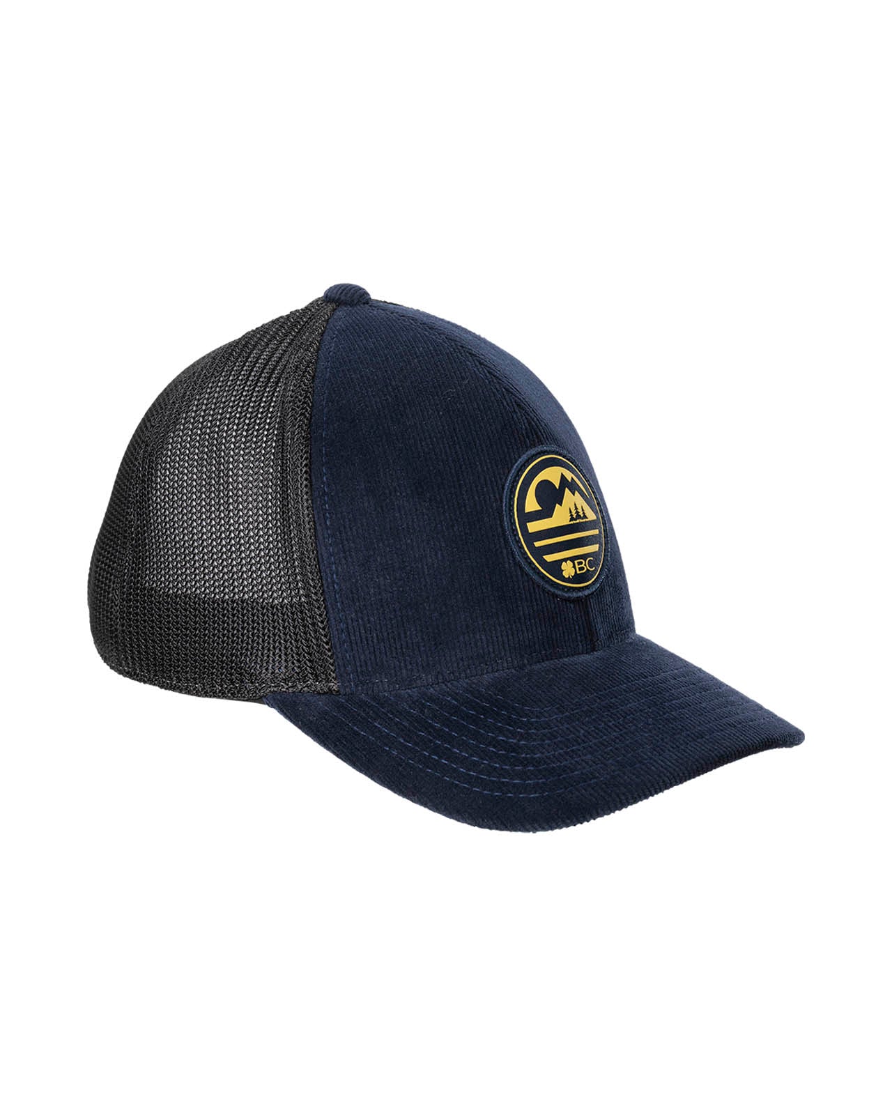 blue corduroy hat with a patch depicting a mountain ridgeline