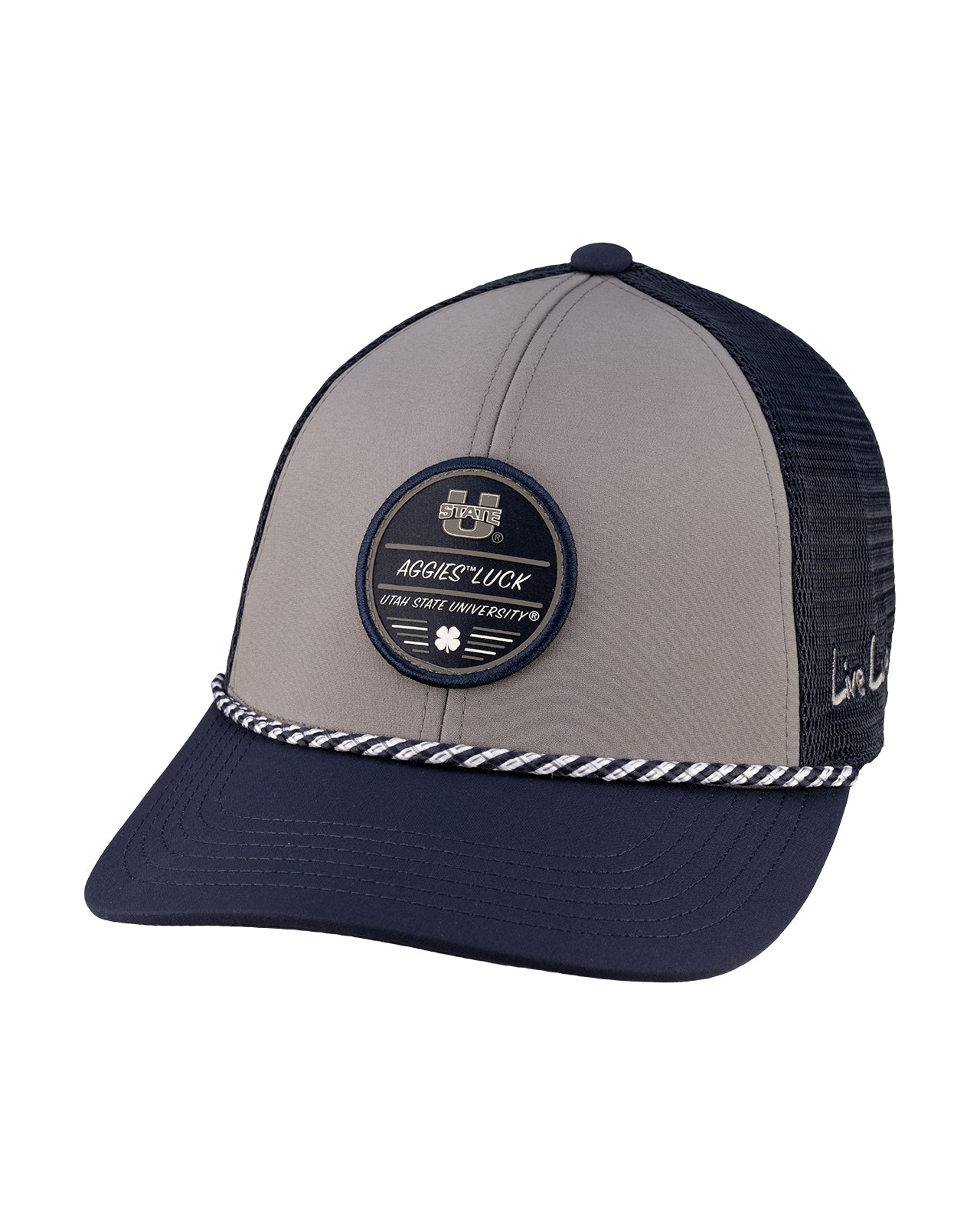 Grey and blue two tone rope hat from Black Clover featuring USU Aggies logo