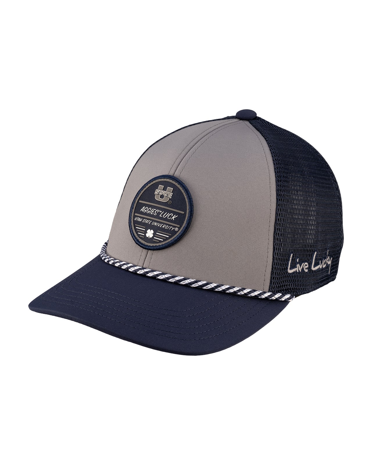 Grey and blue two tone rope hat from Black Clover featuring USU Aggies logo