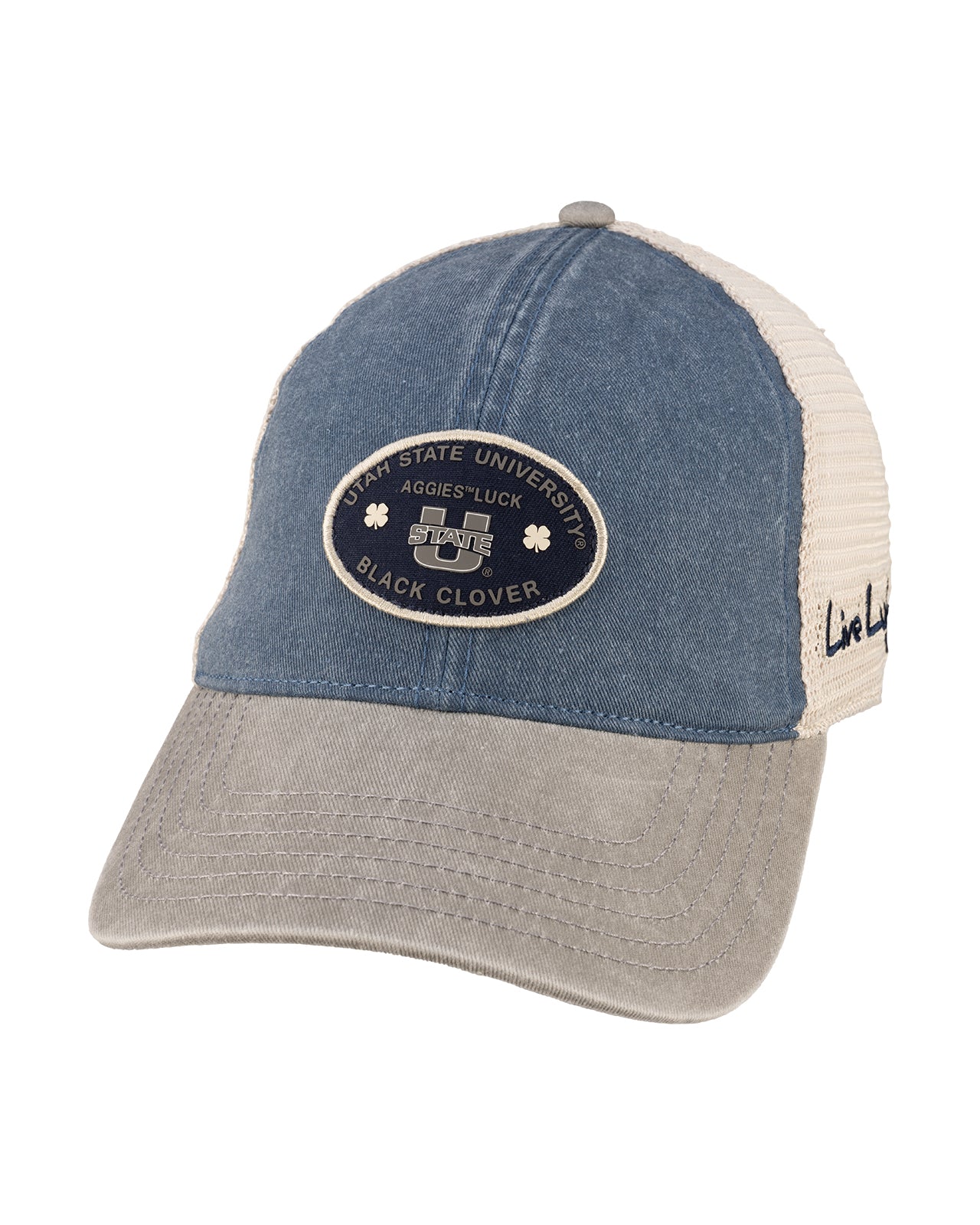 Grey and blue two tone vintage style hat from Black Clover featuring USU Aggies logo