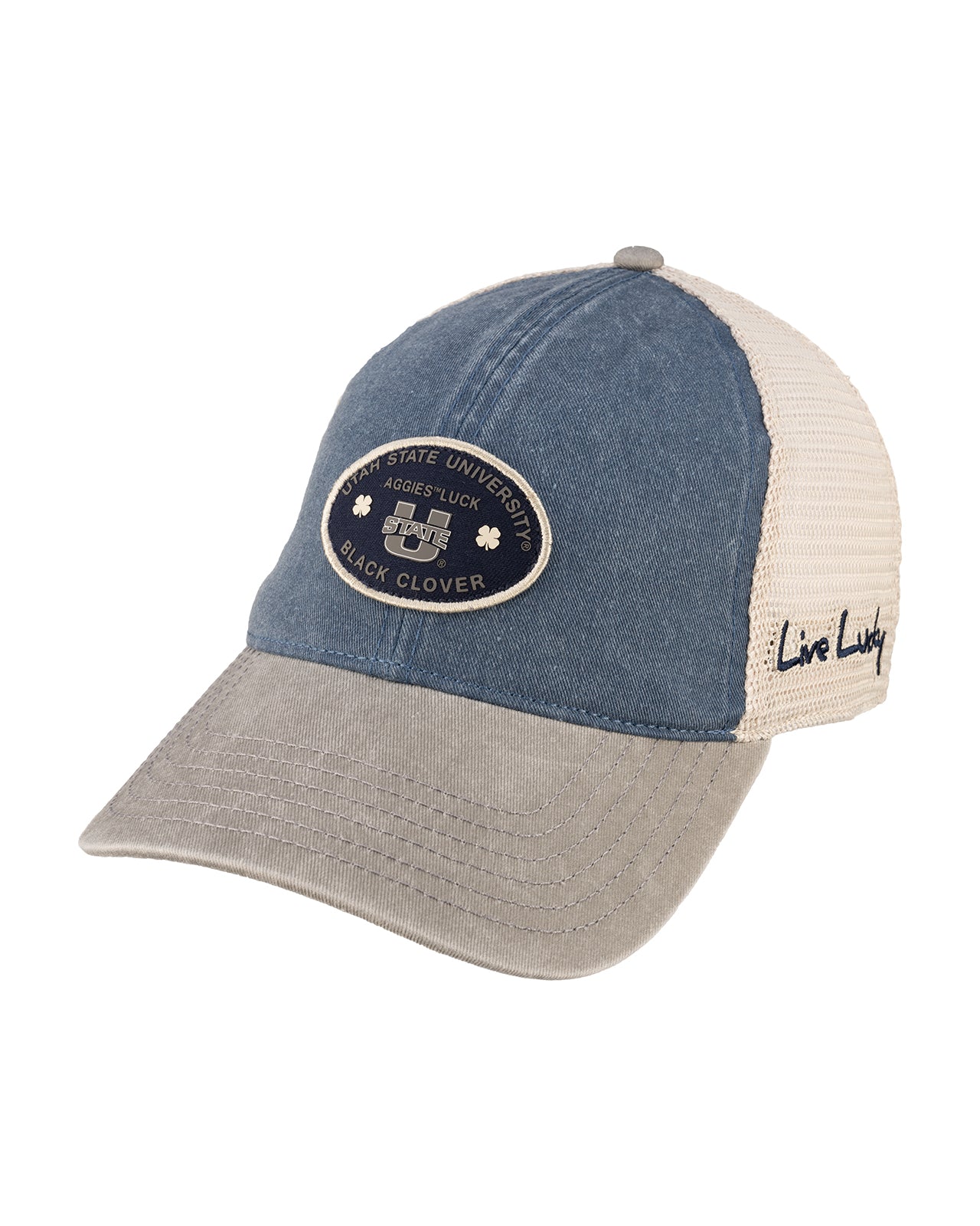 Grey and blue two tone vintage style hat from Black Clover featuring USU Aggies logo